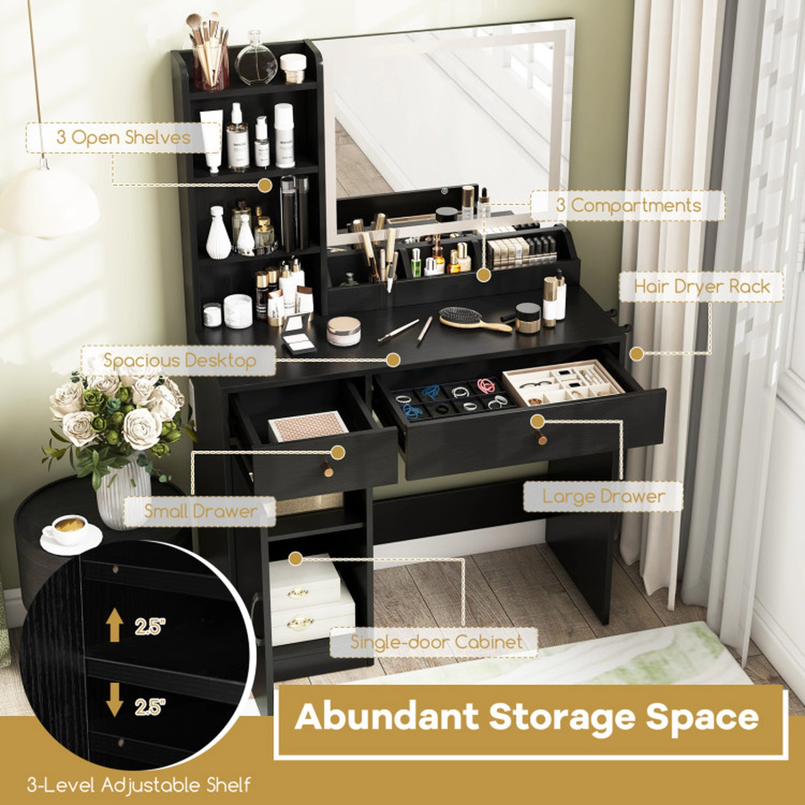 SUGIFT Lighted Mirror Vanity Dressing Table and Stool Set with Charging Ports 120-lb Tabletop Capacity Black