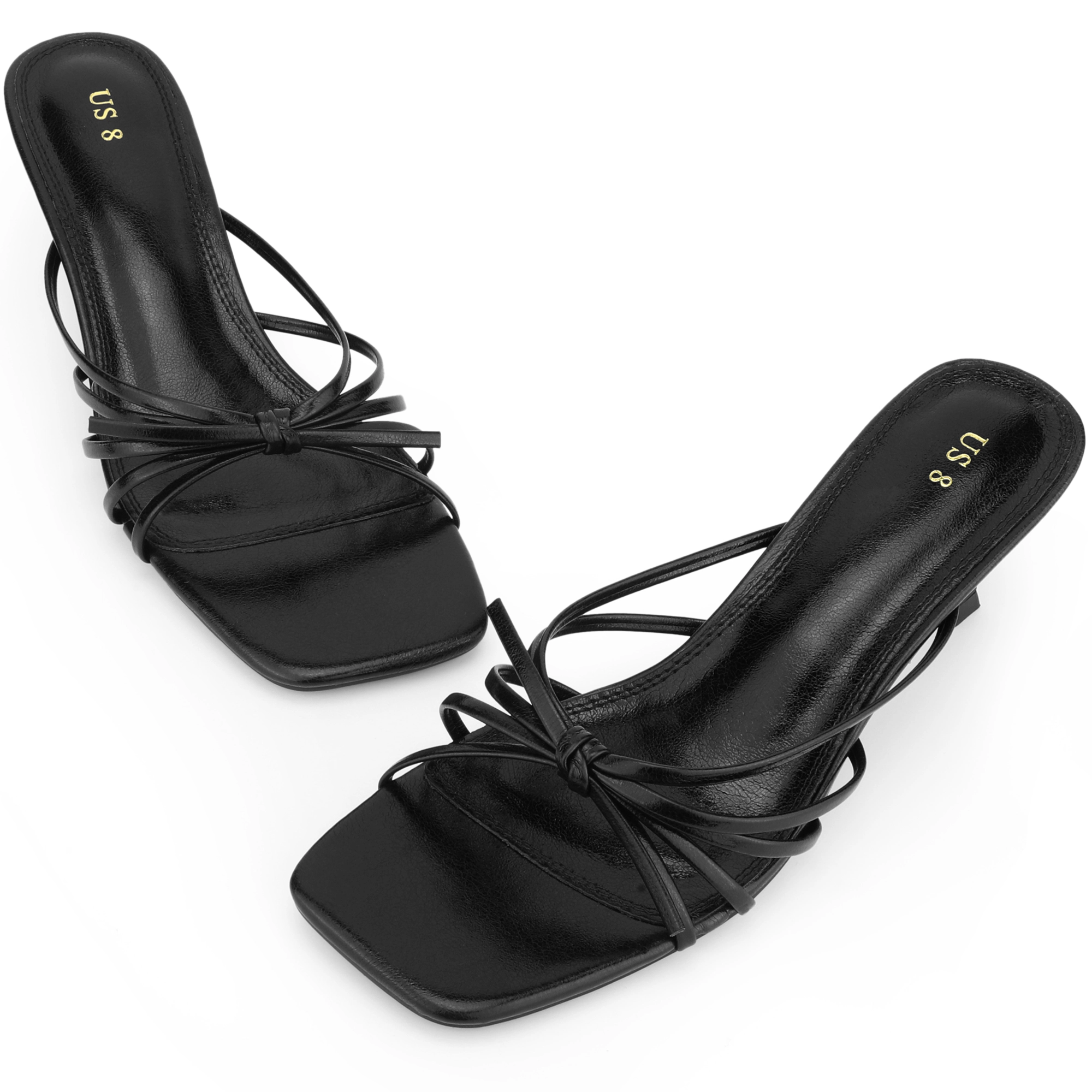 BLISSFUL STEP Women's Faux Leather Square Toe Strappy Slip on Kitten Heel Sandals