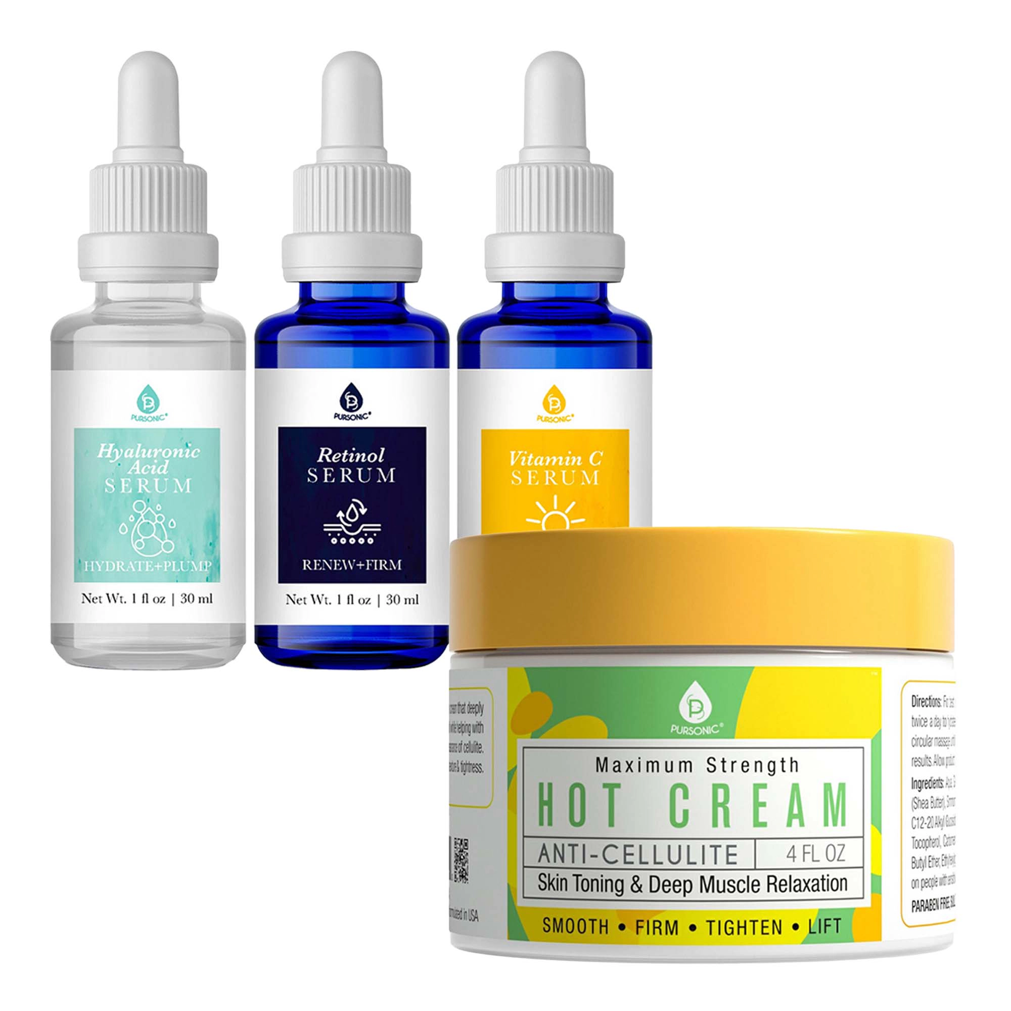 Pursonic Unisex Advanced Skincare & Body Care Bundle – Anti-Cellulite Hot Cream & Anti-Aging Serum Treatment Set