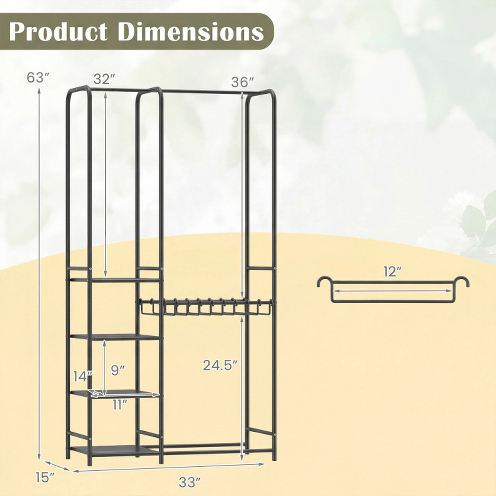 SUGIFT 2 Hanging Rods 4 Shelves 10 Pants Hangers Metal Portable Closet 33-in x 15-in x 63-in 120-lb Capacity Black