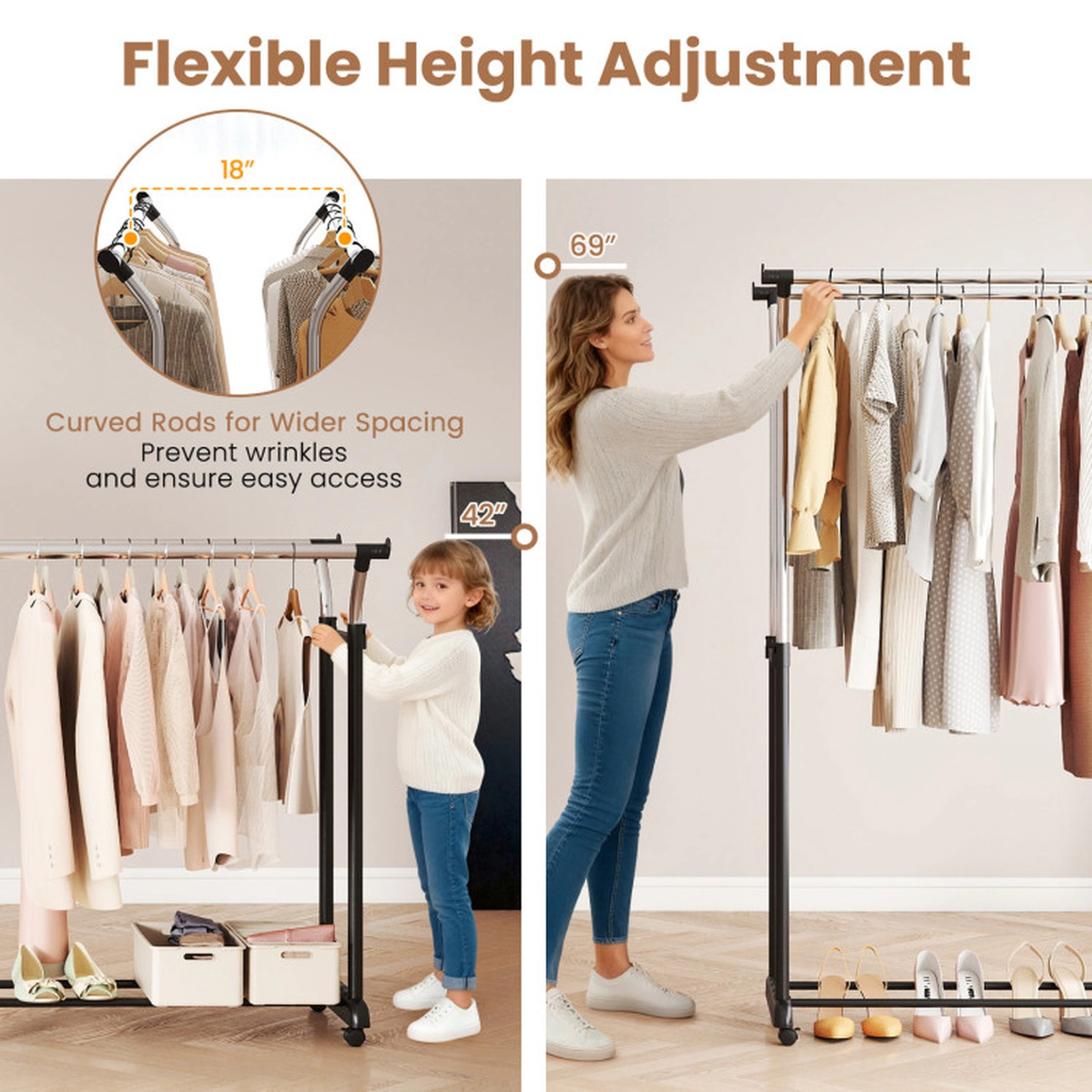 SUGIFT 42 to 69-in Adjustable Height 33-lb Rod Capacity Black Rolling Double Rod Clothes Garment Rack