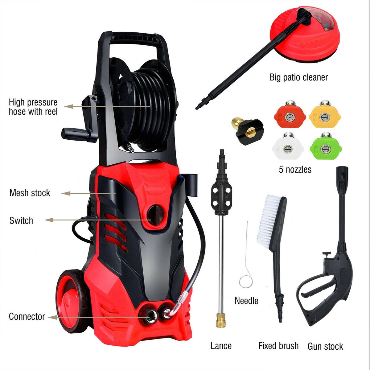SUGIFT 3000-PSI 2-GPM Red Electric Pressure Washer with Patio Cleaner Hose Reel and 5 Steel Nozzles