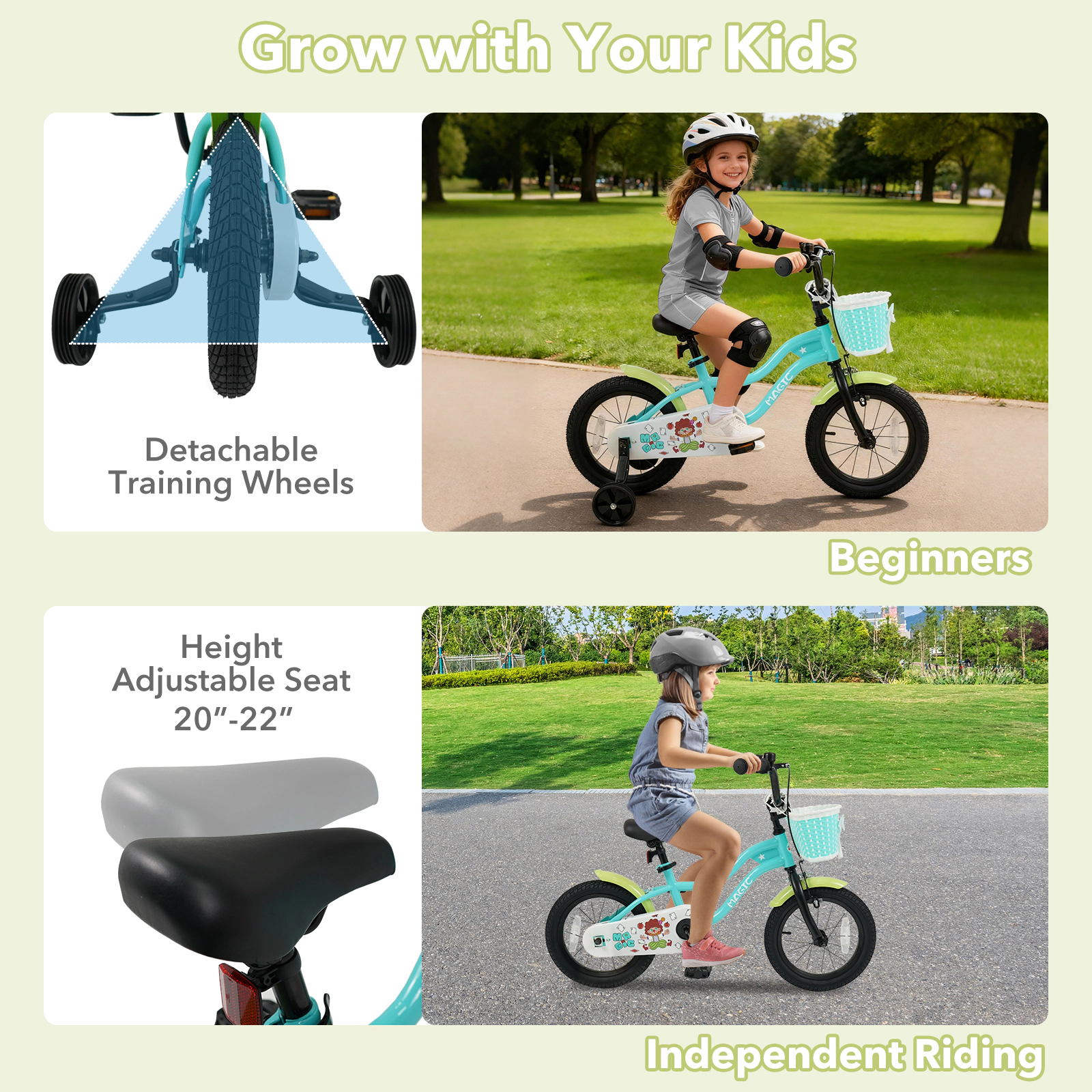SUGIFT Green Training Wheels Front Basket and Adjustable Handlebar Kids Bike