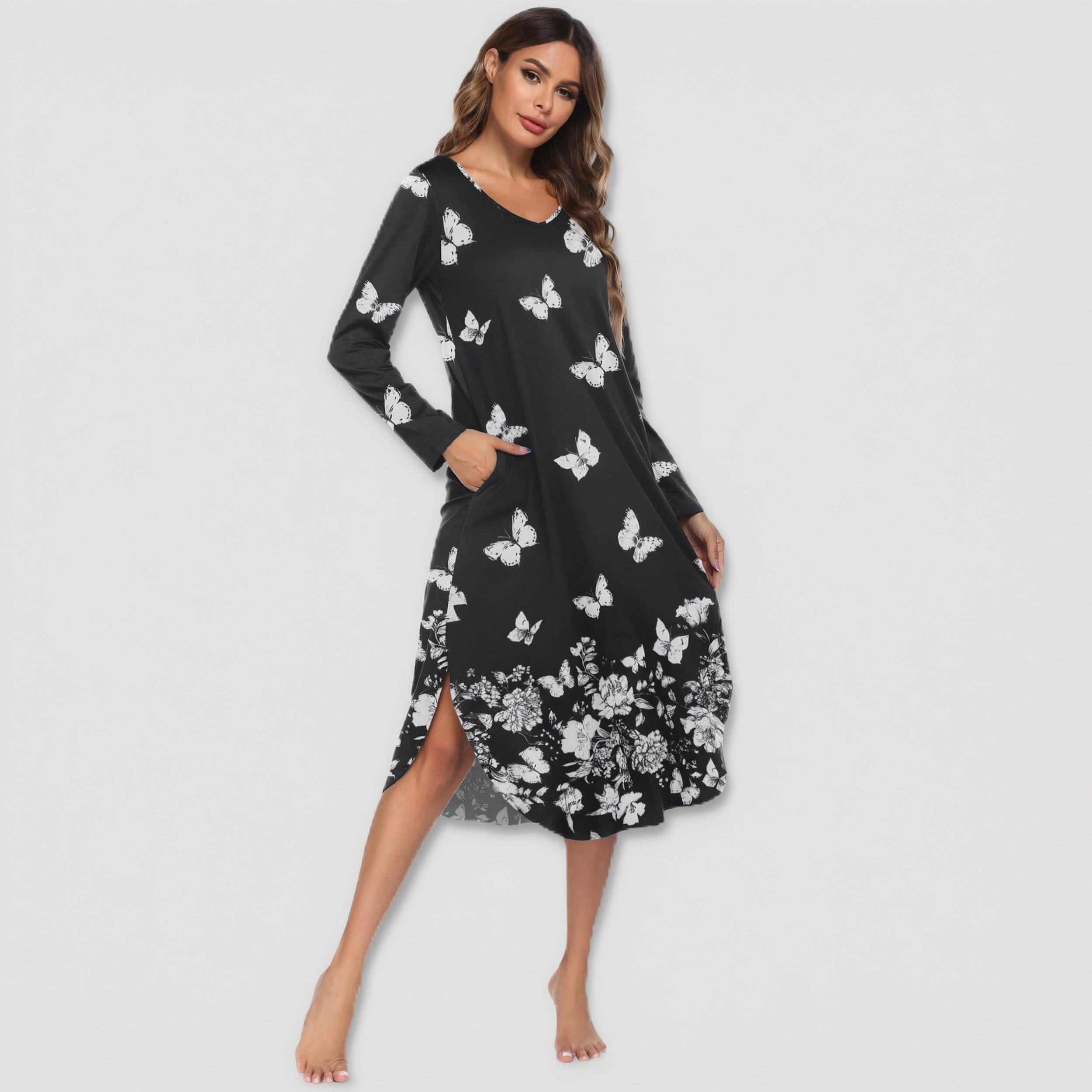 Ekouaer Womens Nightgown V Neck Nightshirts Long Sleeve Sleepwear with Pockets