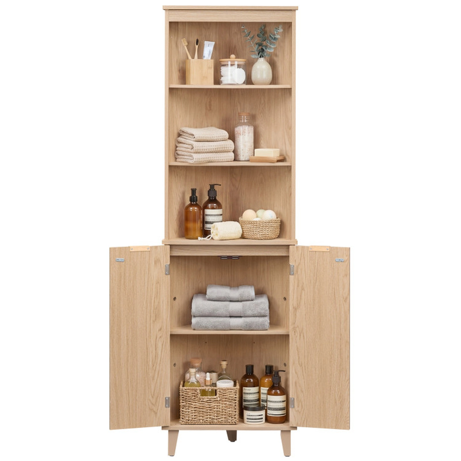 SUGIFT Oak 55-lb Per Shelf 68-in Tall Corner Bathroom Storage Cabinet with Fluted Doors and Rubber Wood Legs