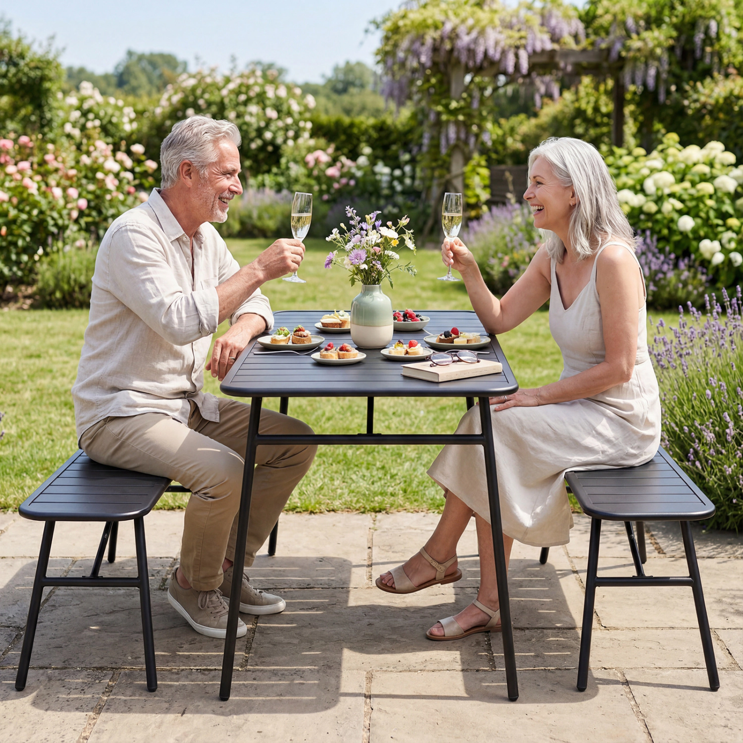 LJG 3-Piece Outdoor Dining Set with Coffee Table and 2 Benches for Backyard Deck