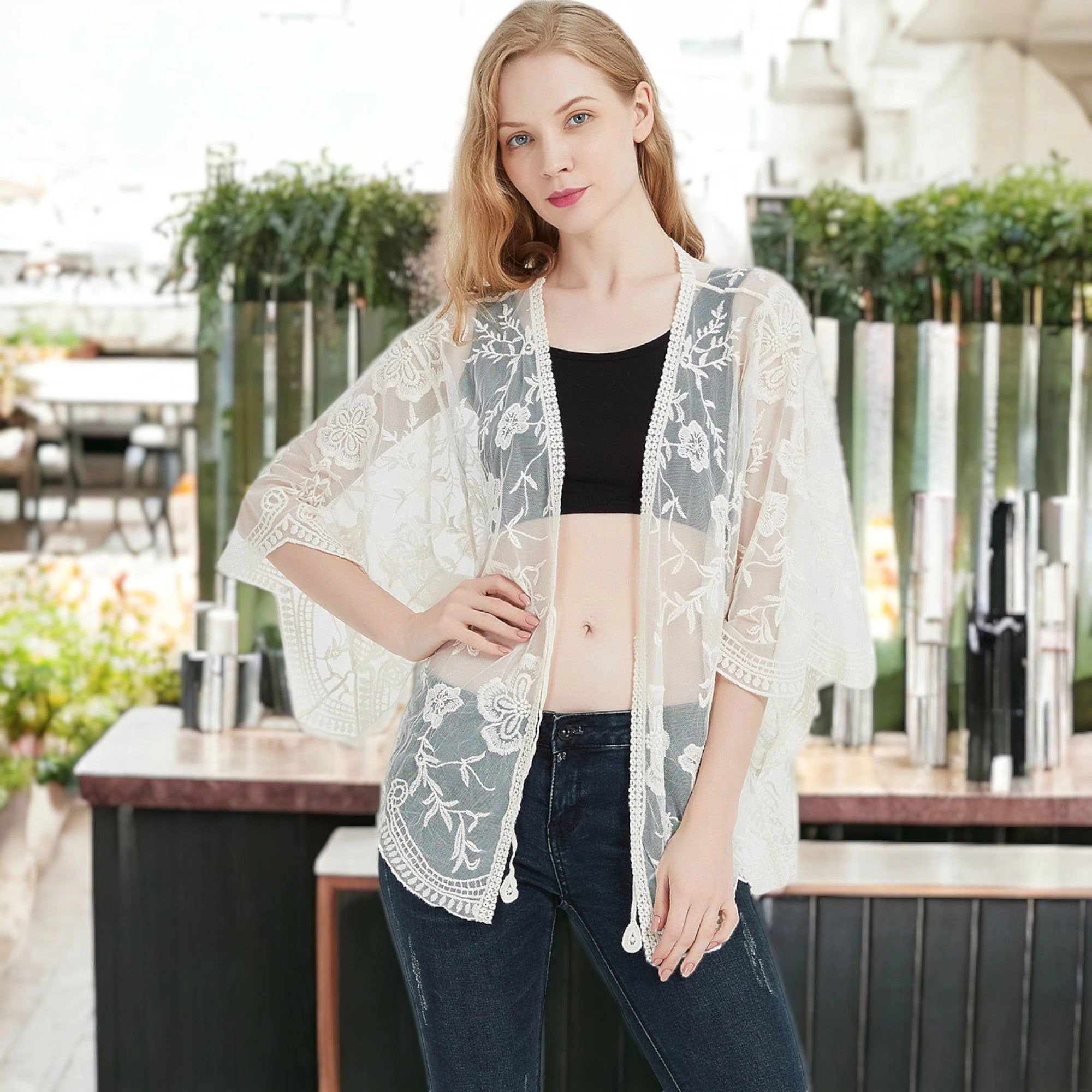 Anna-Kaci Women's Short Embroidered Lace Duster Crop Cardigan