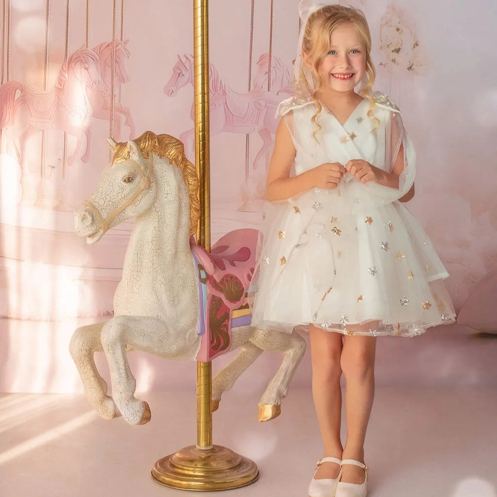 Faeella Girls Stardust Embroidered White Tulle Flower Girl Dress