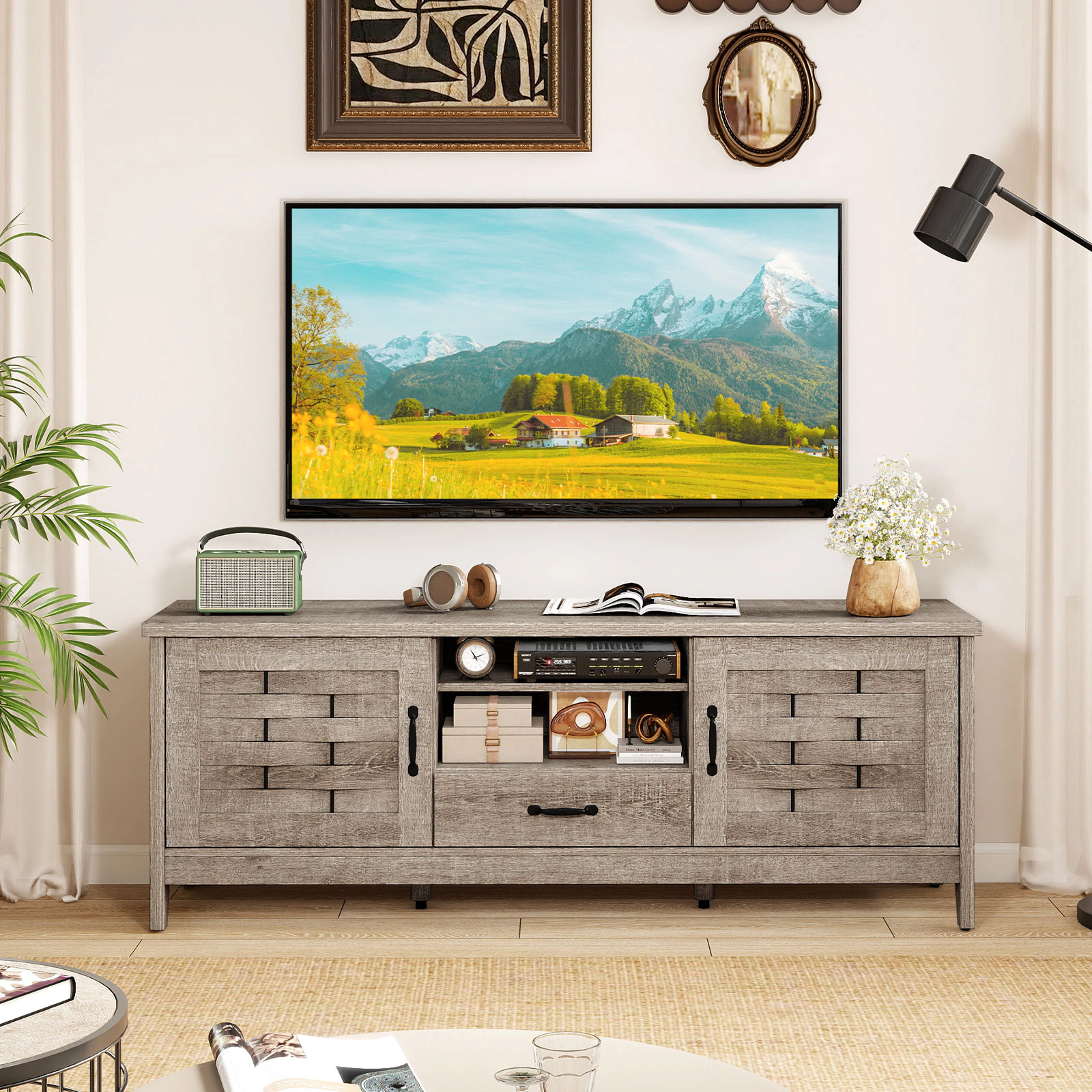 SUGIFT Farmhouse TV Stand for TVs up to 65 in, Woven Doors, Drawer and Adjustable Shelves