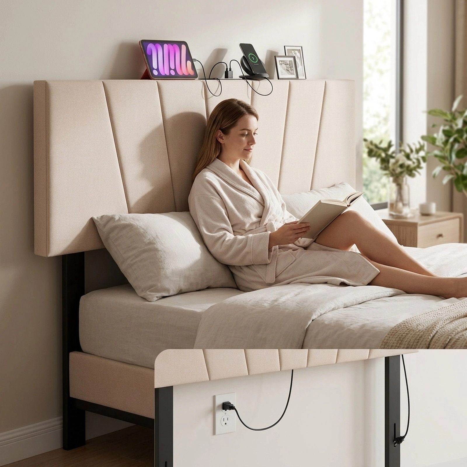 SUGIFT Beige Upholstered Headboard, Full/Queen, Charging Station