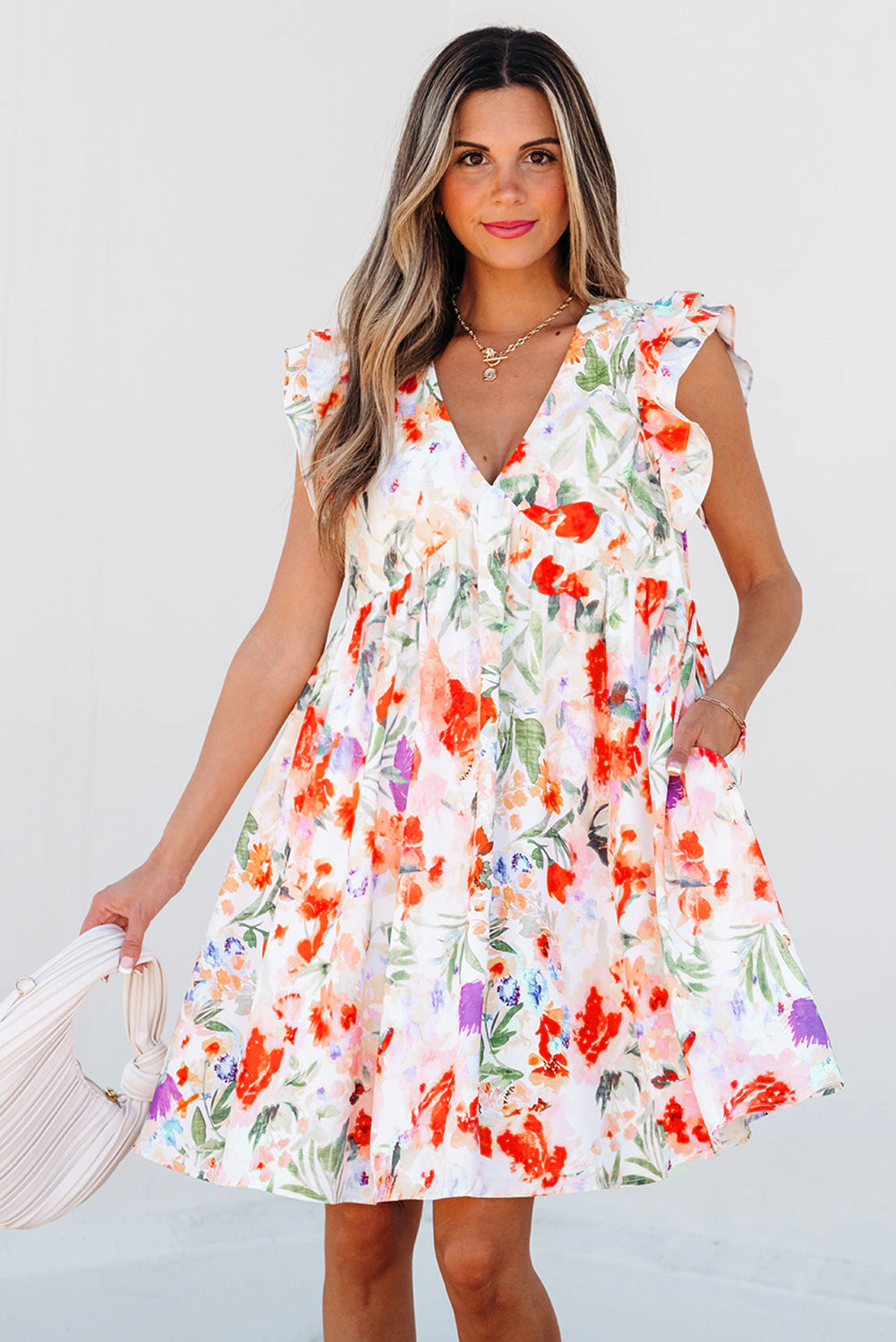 Threaded Pear Women's Salem Floral Ruffle Sleeve Dress