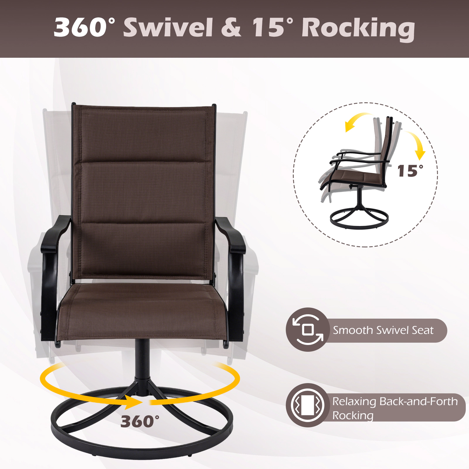 SUGIFT Set of 2 Brown Metal Swivel Rocker Patio Dining Chairs