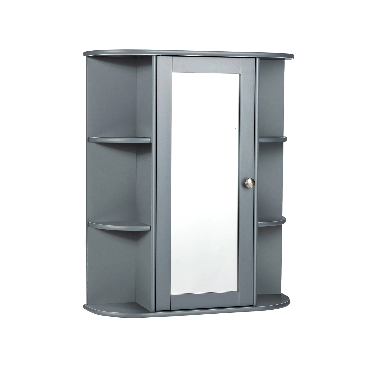 SUGIFT Gray 80-lb Capacity Wall Mount Bathroom Mirror Cabinet with Single Door and 6 Open Shelves