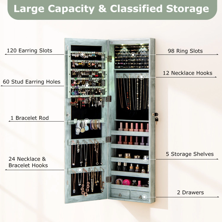 Hivvago Wall and Door Mounted Mirrored Jewelry Cabinet with Lights