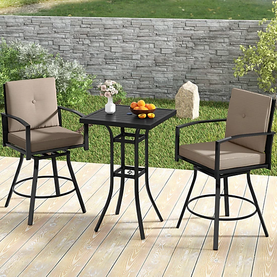 SUGIFT Swivel Patio Bar Set with 180-lb Table Capacity and 400-lb Stools with Cushions and 1.57-in Umbrella Hole Brown