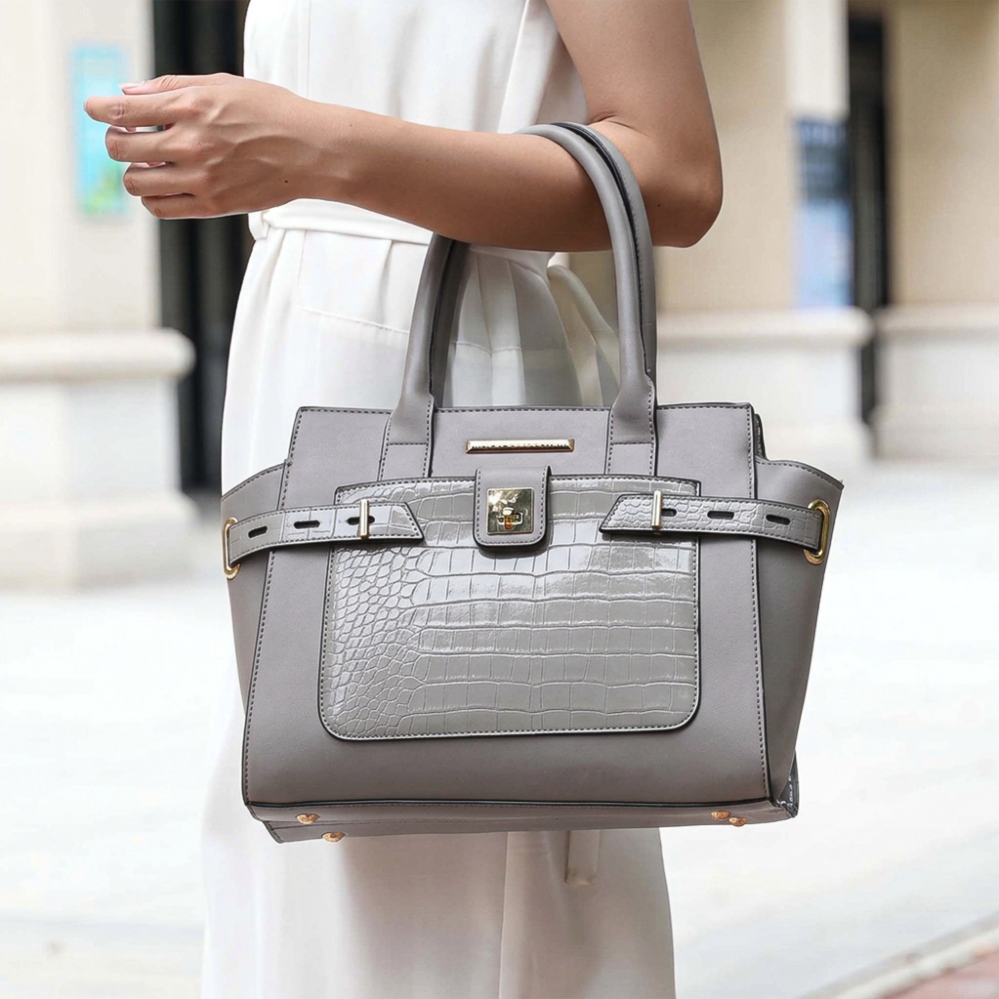 Mia K Collection Isla Satchel Bag - Vegan Leather Satchel with Croc-Embossed Detail and Matching Wallet