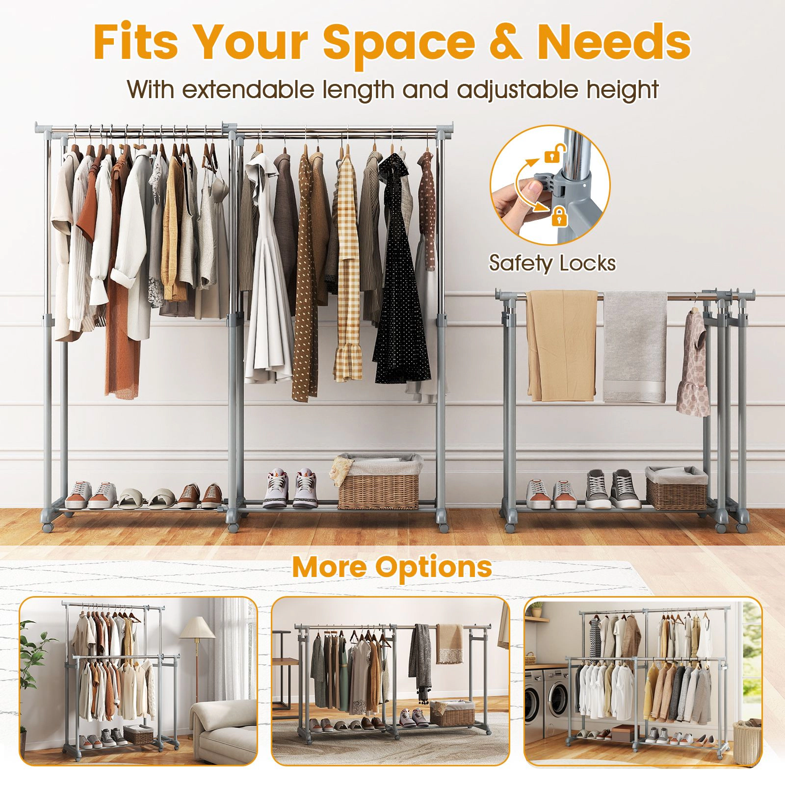 SlickBlue Adjustable Double Rod Clothes Rack with Wheels and Bottom Storage