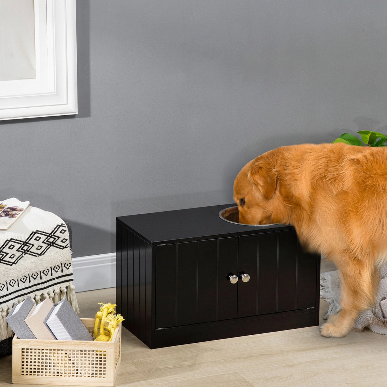 HONGGE Large Elevated Dog Bowls with Storage Cabinet Containing 44L Capacity Raised Bowl Stand Pet Food