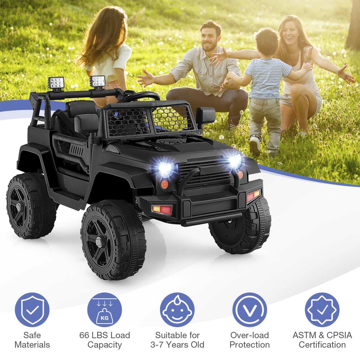 SUGIFT 12V Kids Ride On Truck with Remote Control & Headlights 66-lb Capacity Ages 3-7 39-in Body Steel & Plastic Black