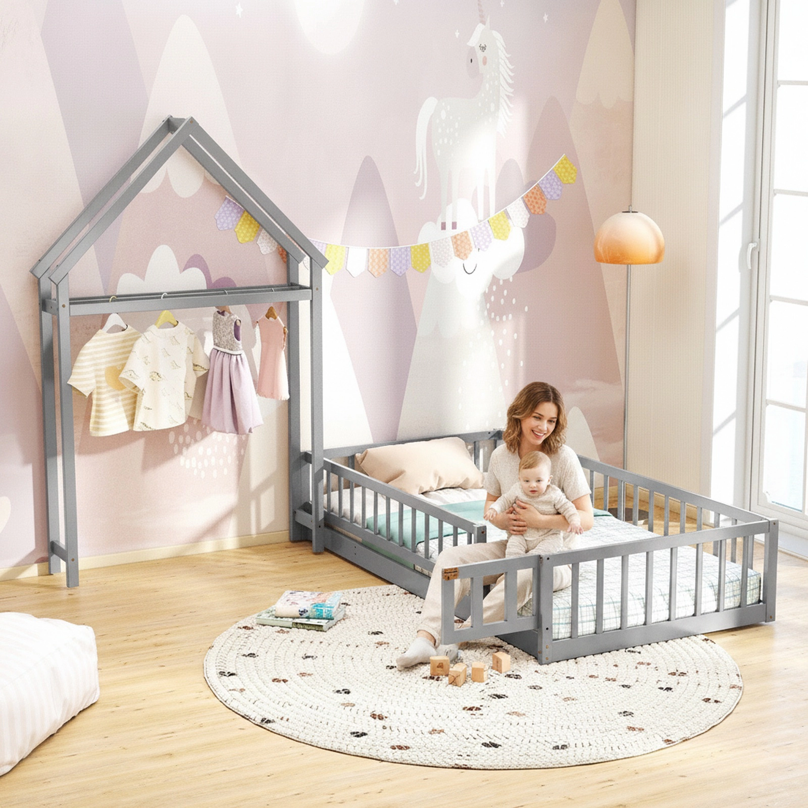SUGIFT Twin House Floor Bed with Gabled Headboard, Safety Rails, Latching Gate and Drying Rack, Gray