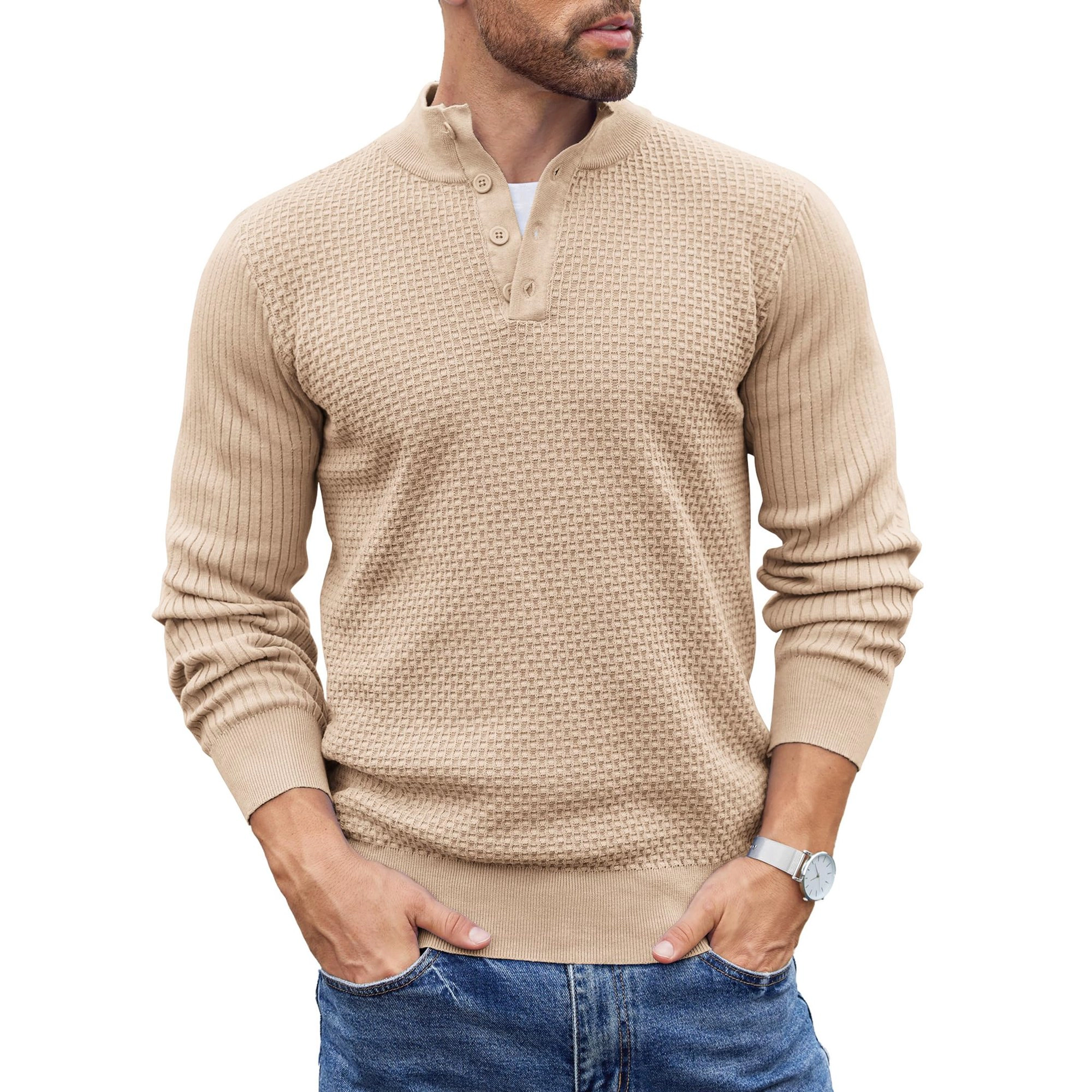 COOFANDY Mens Long Sleeve Henley Sweater Fall Button Mock Neck Waffle Knit Tops
