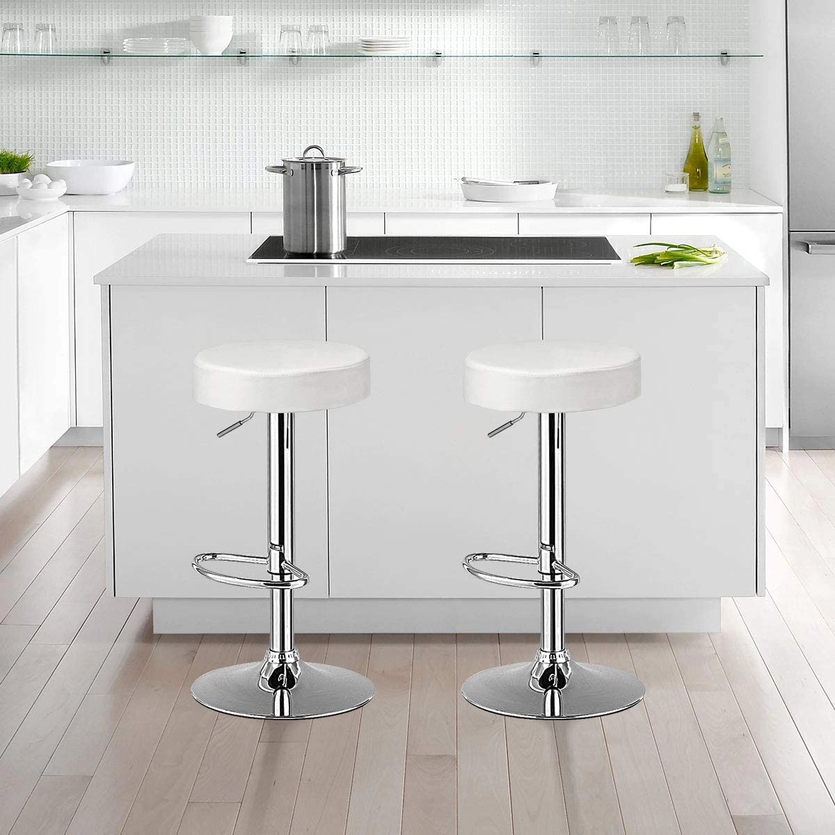 SUGIFT Height Adjustable Round PU Leather Swivel Bar Stools with Chrome Footrest 250-lb Capacity Set of 2 White