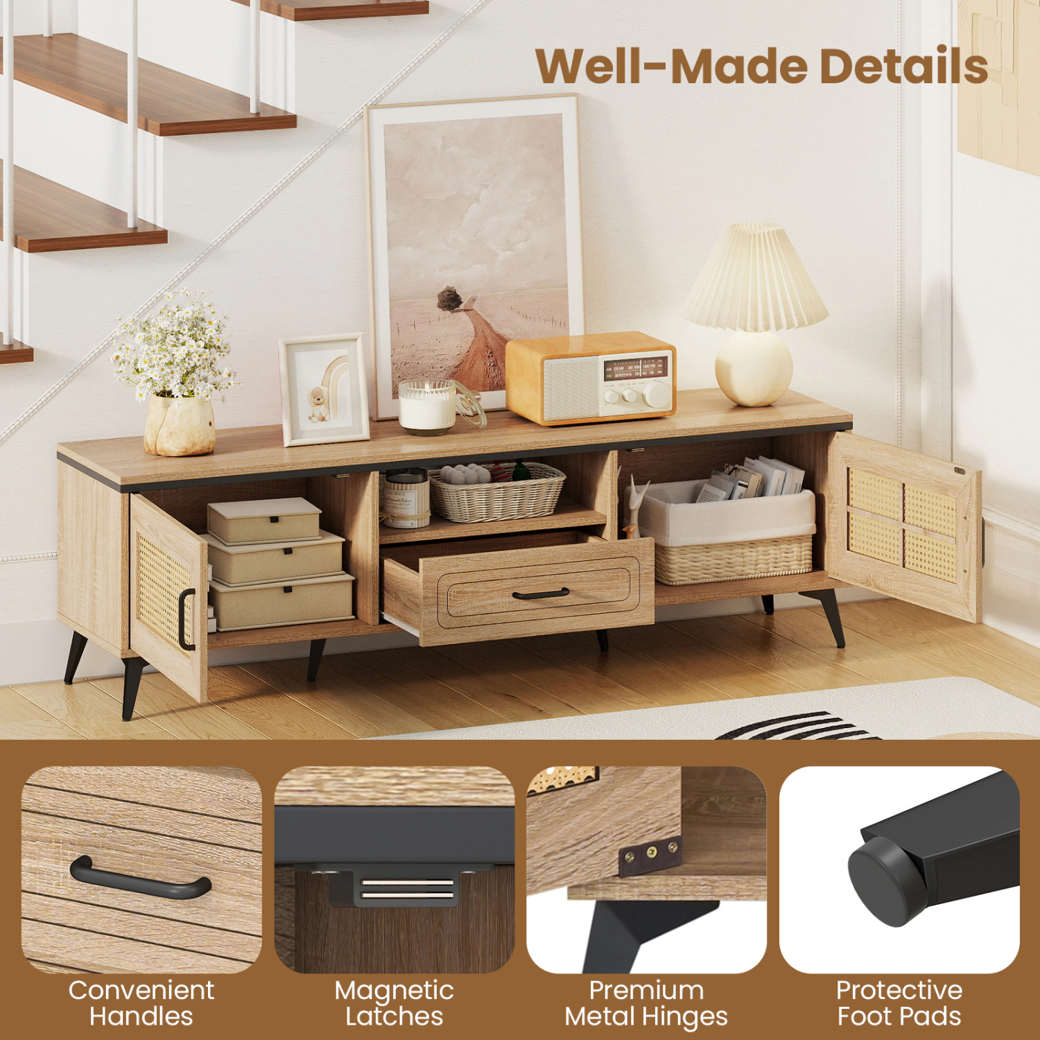 Glintex 59-Inch Mid-Century TV Stand with Faux Rattan Doors and Drawer, Oak