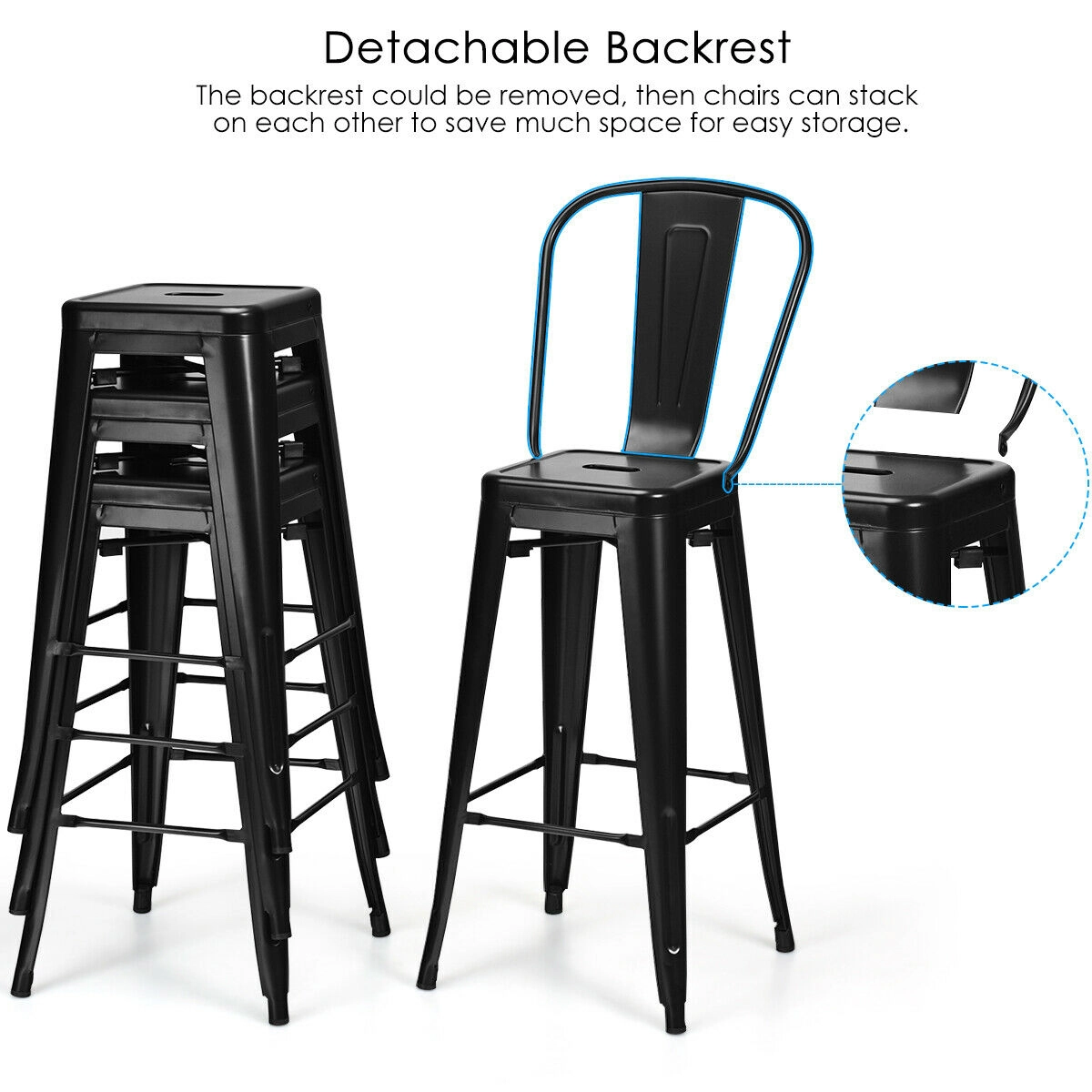 Glintex 4-Piece Stackable Metal Bar Stool Set with Removable Backrest