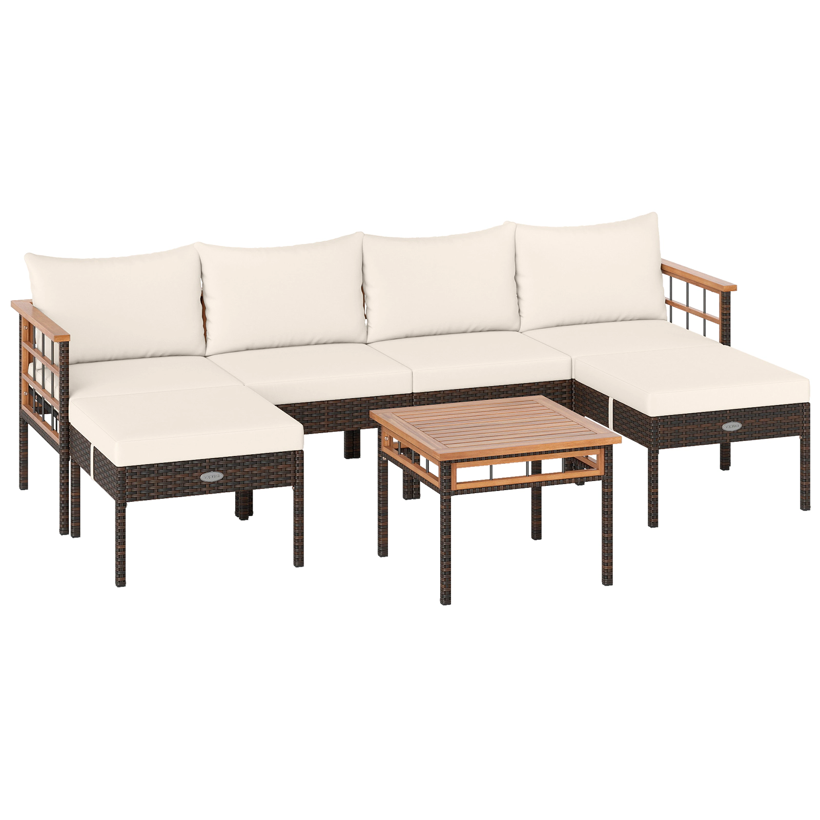 SUGIFT 7-Piece White Modular Rattan Patio Set with Ottomans and Acacia Table