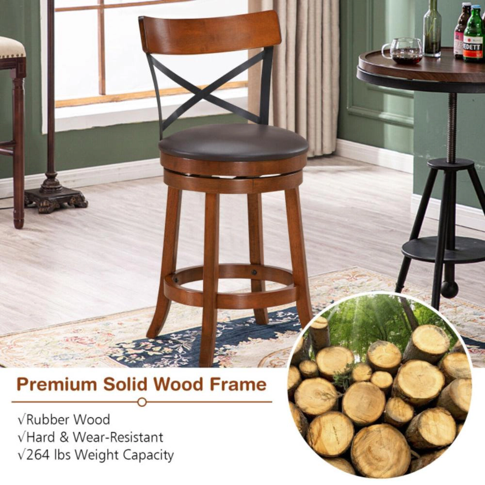 Hivvago Set of 2 Bar Stools 360-Degree Swivel Dining Bar Chairs with Rubber Wood Legs-25 inch