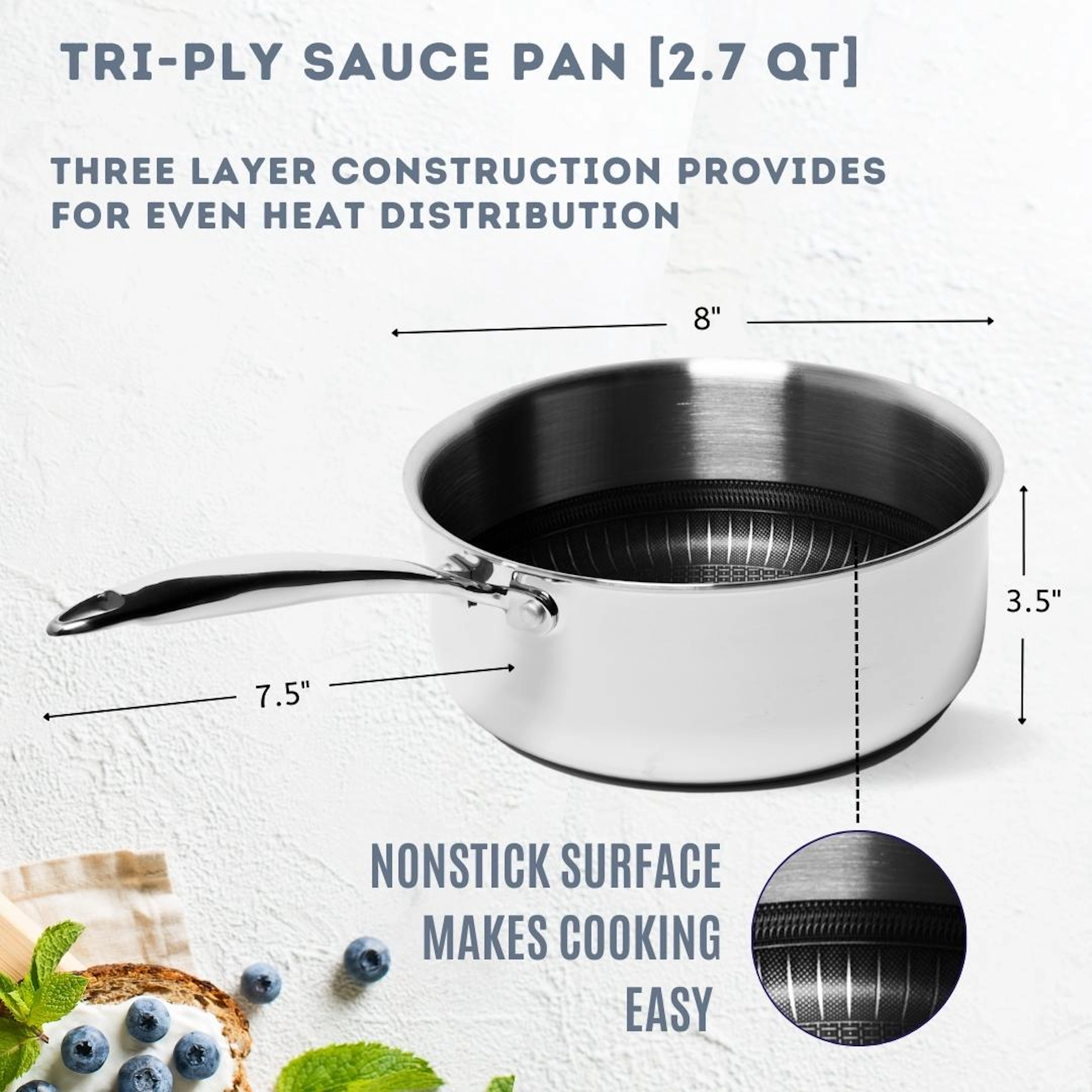 Lexi Home 2.7-Quart Tri-Ply Stainless Steel Saucepan, Induction & Oven Safe