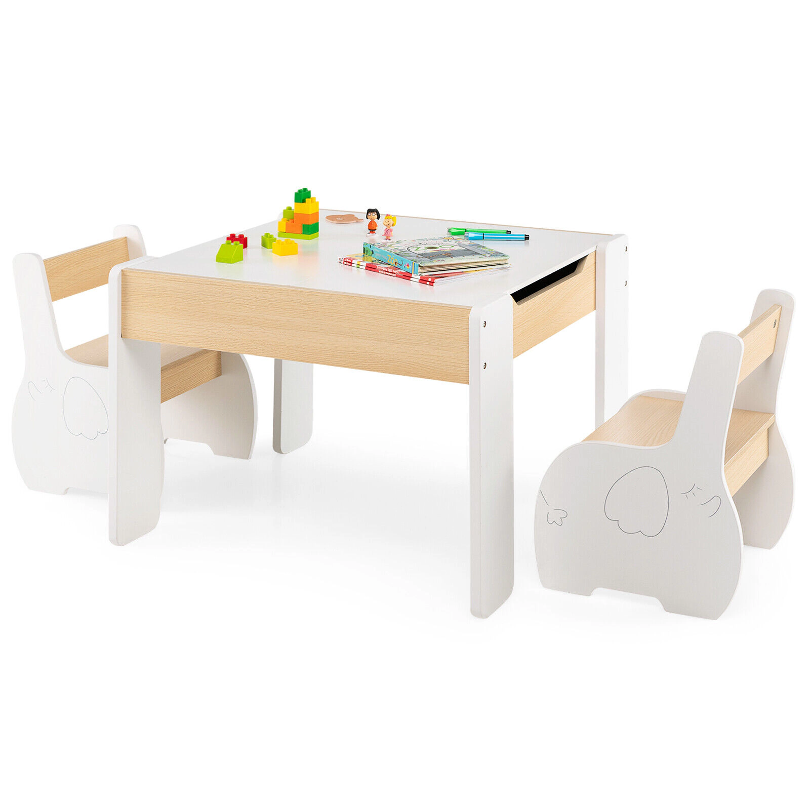 SUGIFT 4-in-1 Wooden Kids Activity Table and Chairs with Storage and Blackboard 66-Lb Desktop Ages 3-6 White/Gray