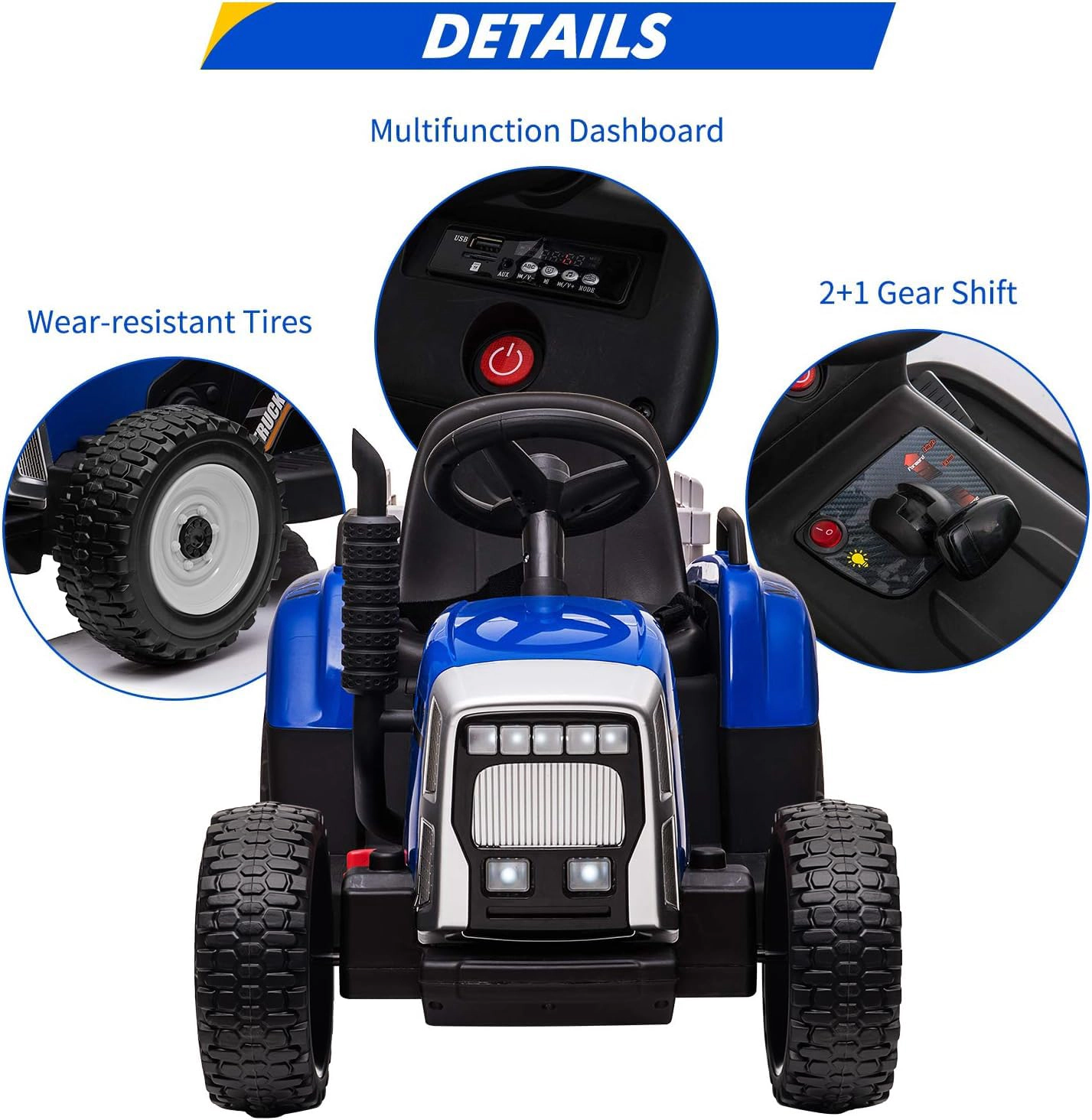 12V Kids Electric Tractor with Trailer, Ride On Car w/Remote, 7-LED Lights, 3-Speed Shift, MP3/USB, EVA Tires,35W