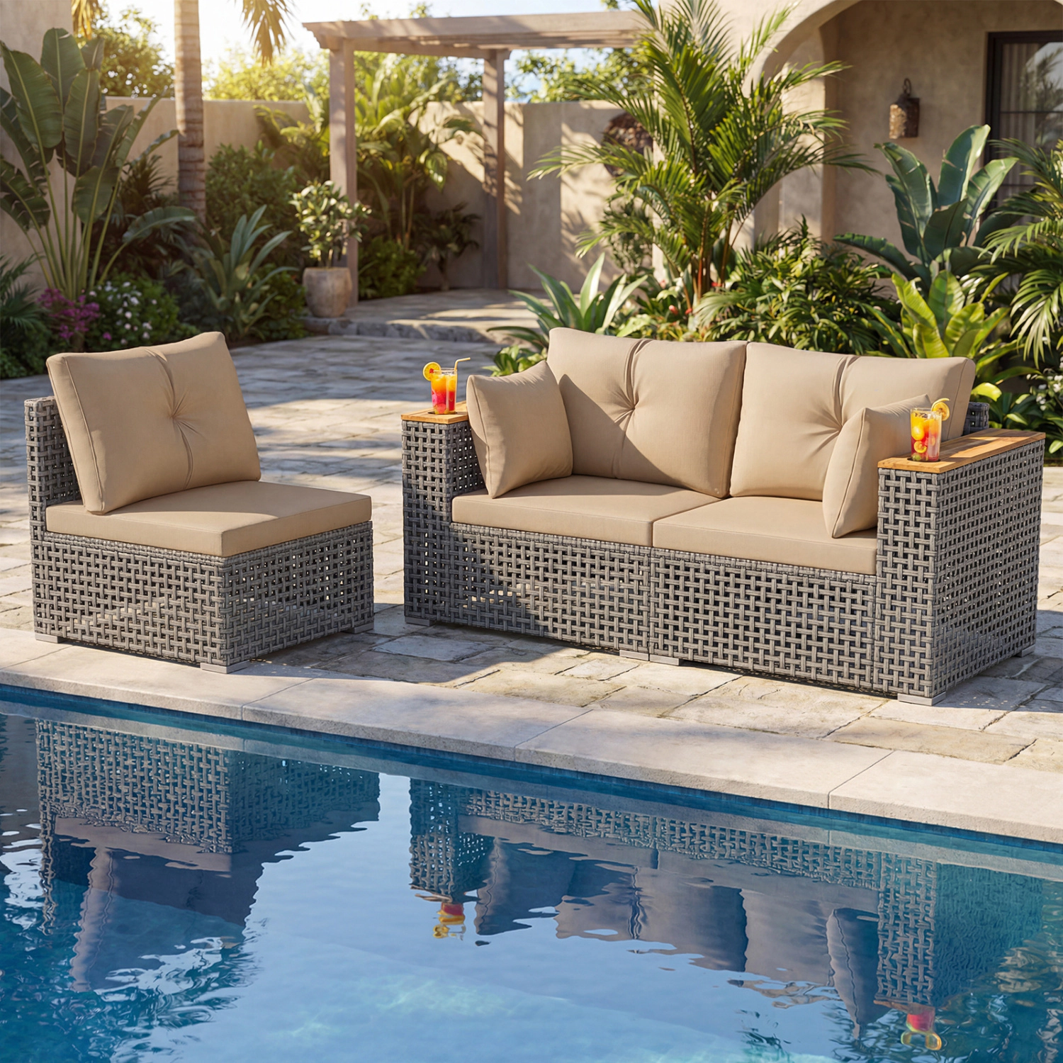 LJG Patio Wicker Sectional Furniture Set with 1 Armless and 2 Corner Sofas for Garden