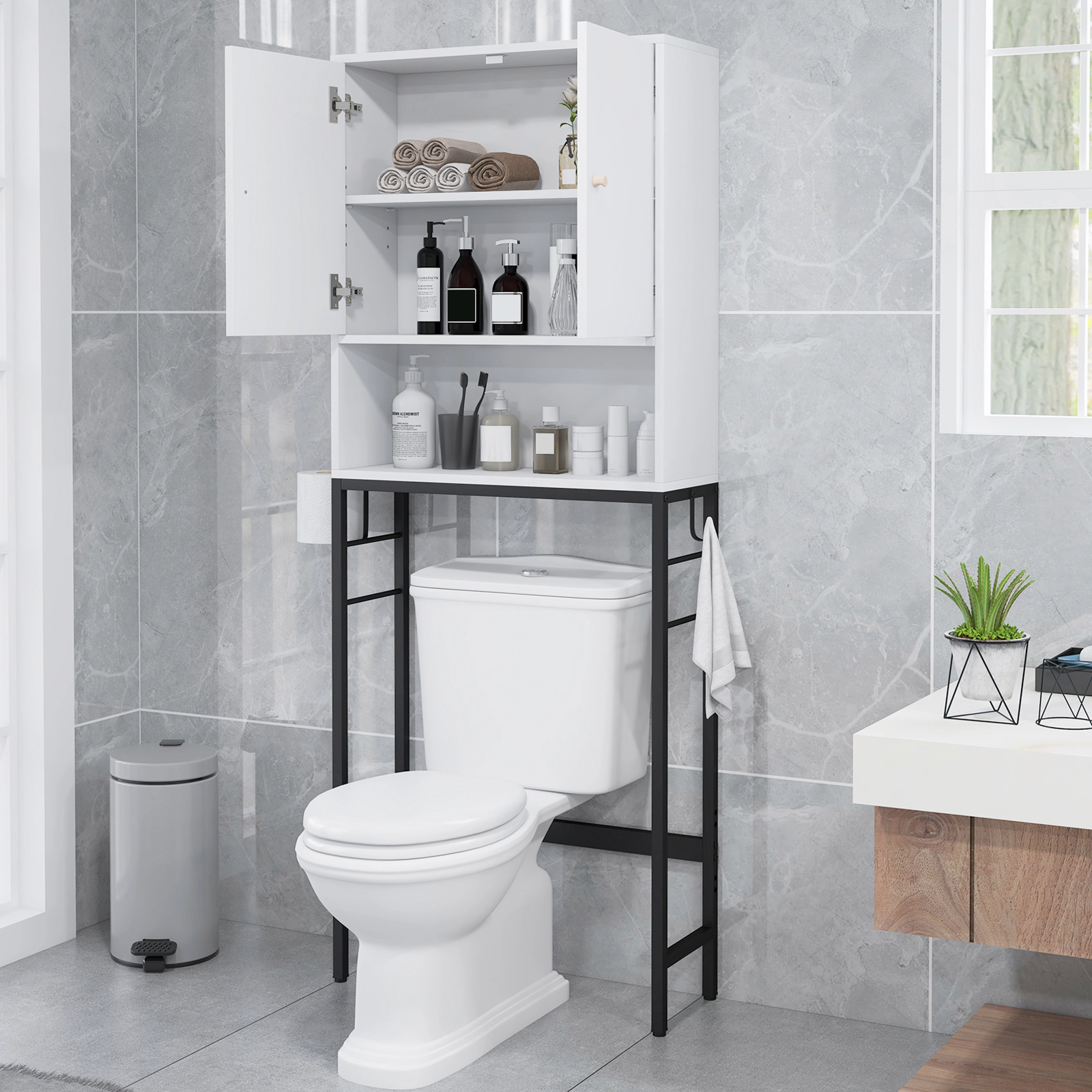 SUGIFT White 62.5-in 132-lb Capacity Over the Toilet Bathroom Storage Cabinet with 2 Doors and Shelf