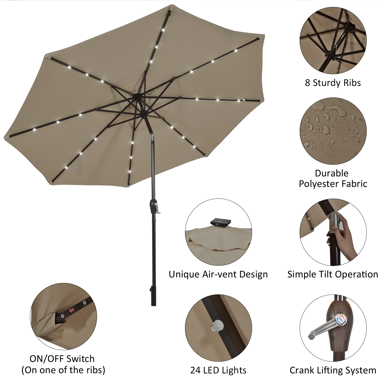 SUGIFT Solar LED Lighted 10-ft Market Patio Umbrella with Crank Lift Tilt and 24 Lights Tan Polyester Canopy