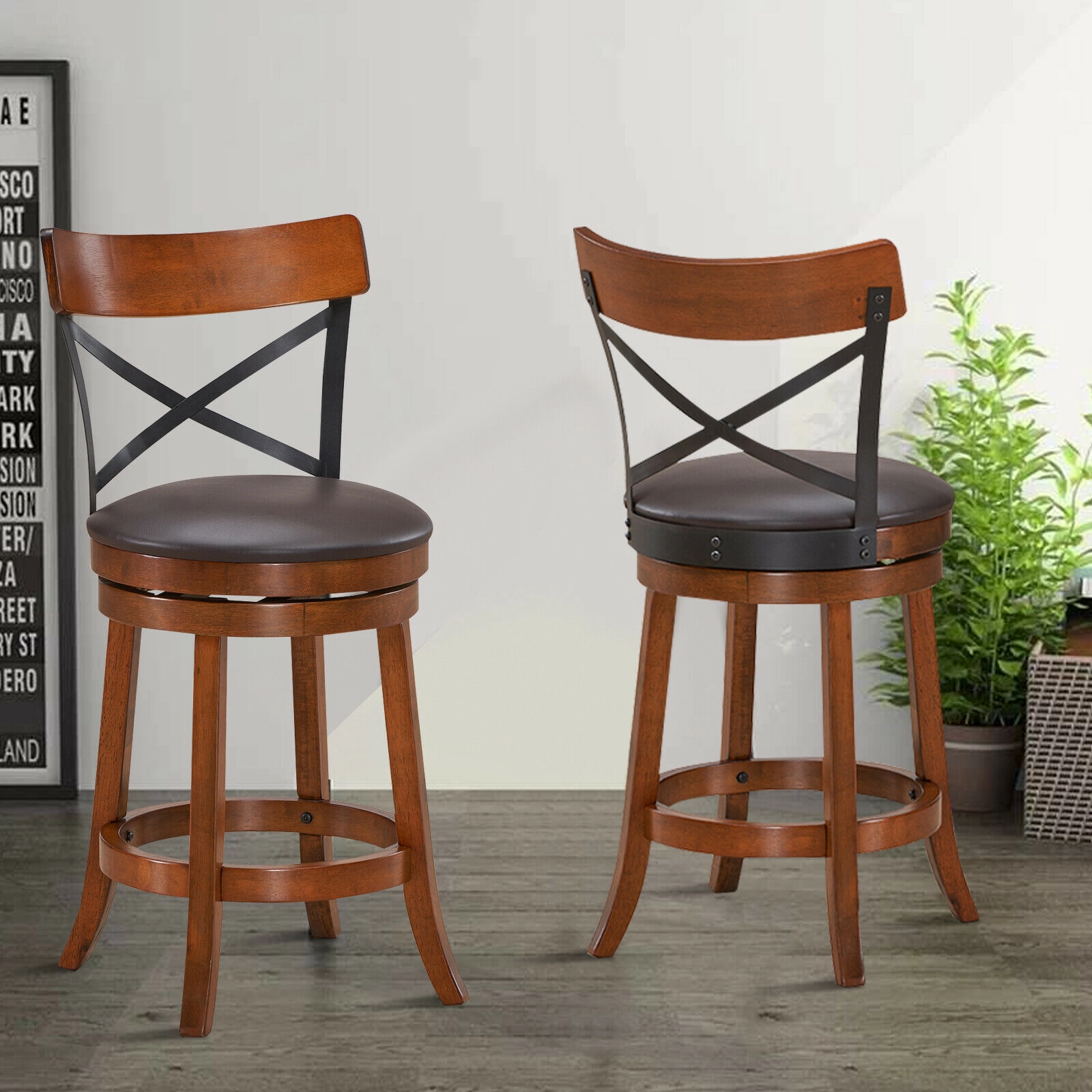 SUGIFT Set of 2 Walnut Counter-Height Swivel Bar Stools with Padded Seats