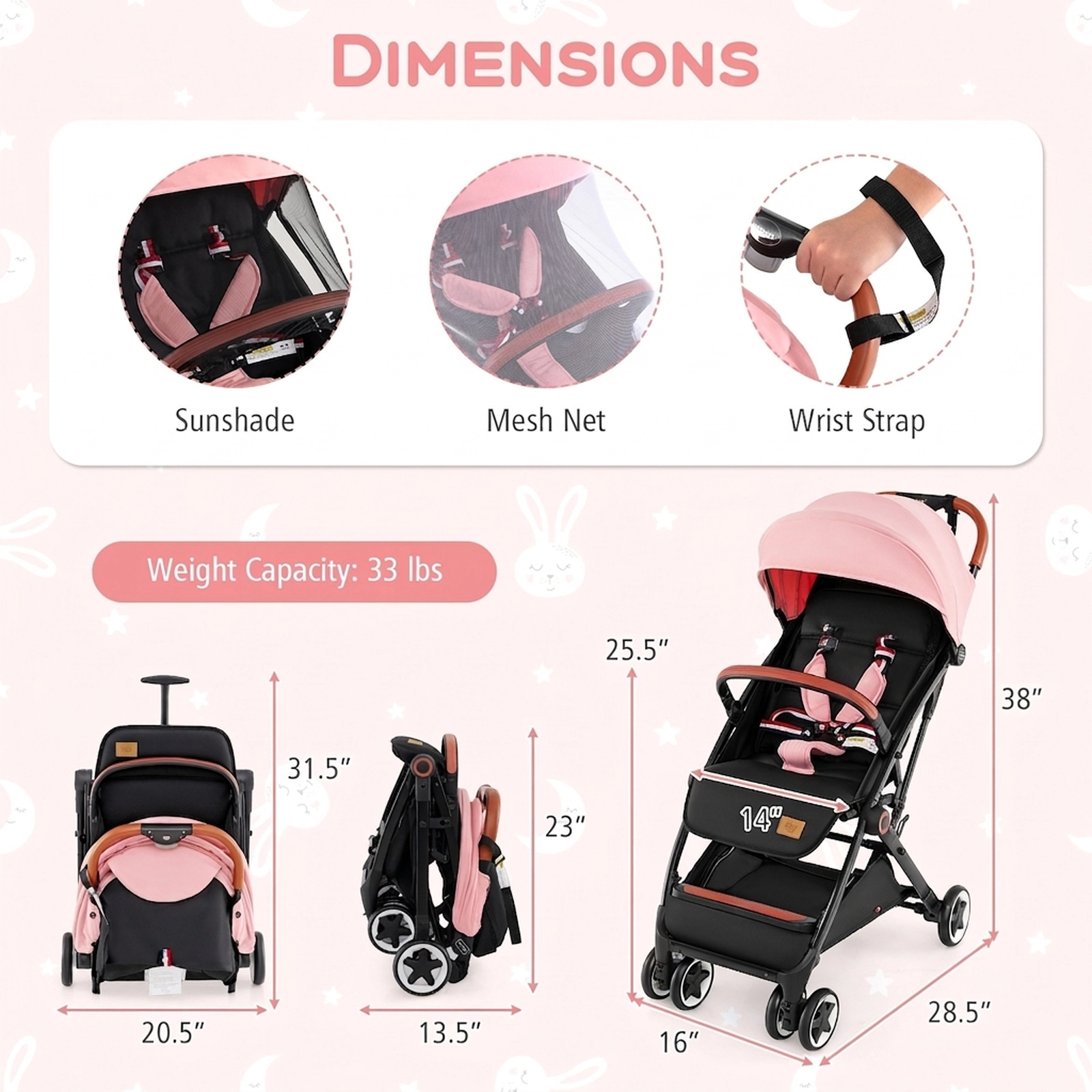 SUGIFT Pink 33-lb Capacity Lightweight Aluminum Baby Stroller with Padded Seat and Detachable Armrest