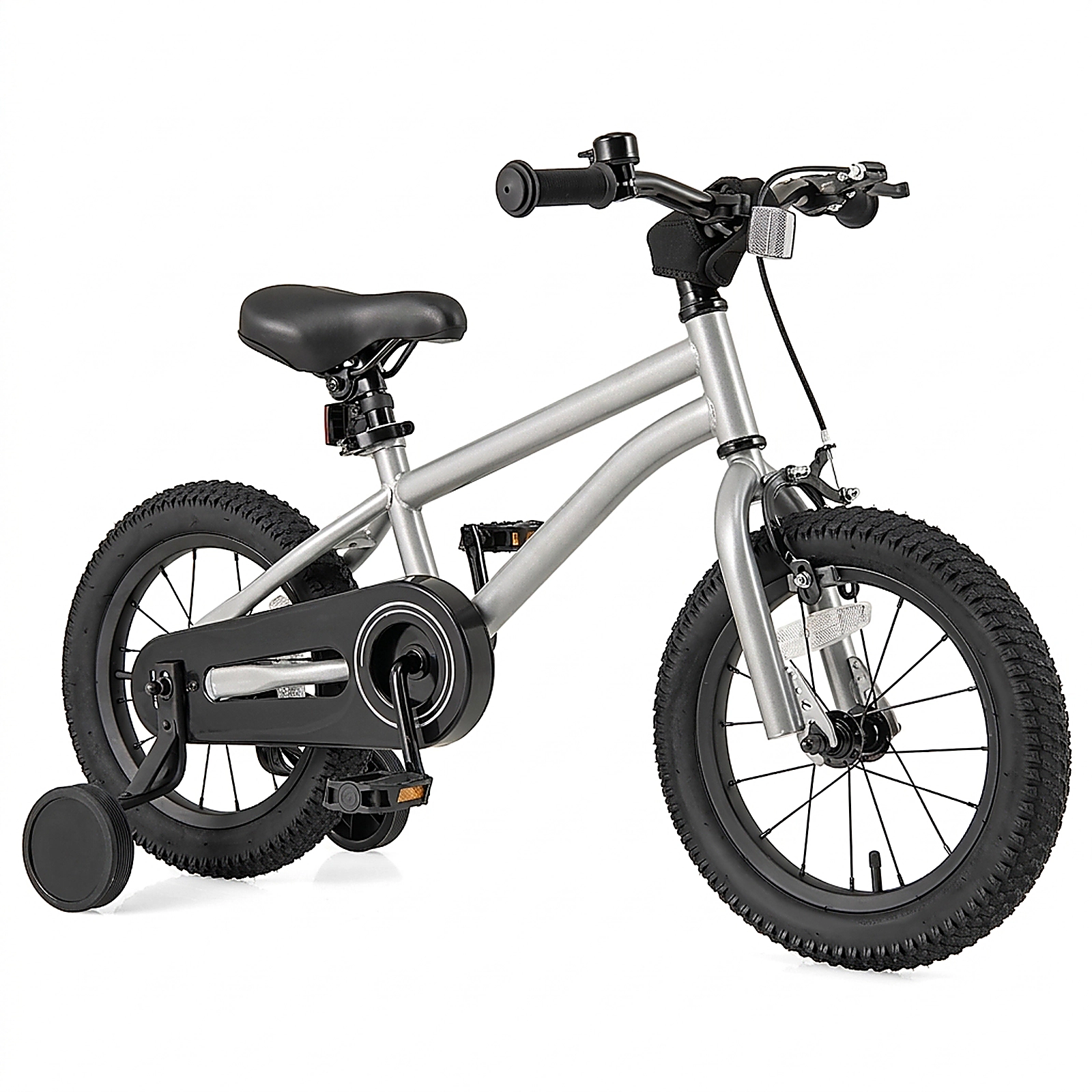 SUGIFT Kids Silver 14-in Steel Bike with Hand and Coaster Brakes and Enclosed Chain Guard Ages 3-5