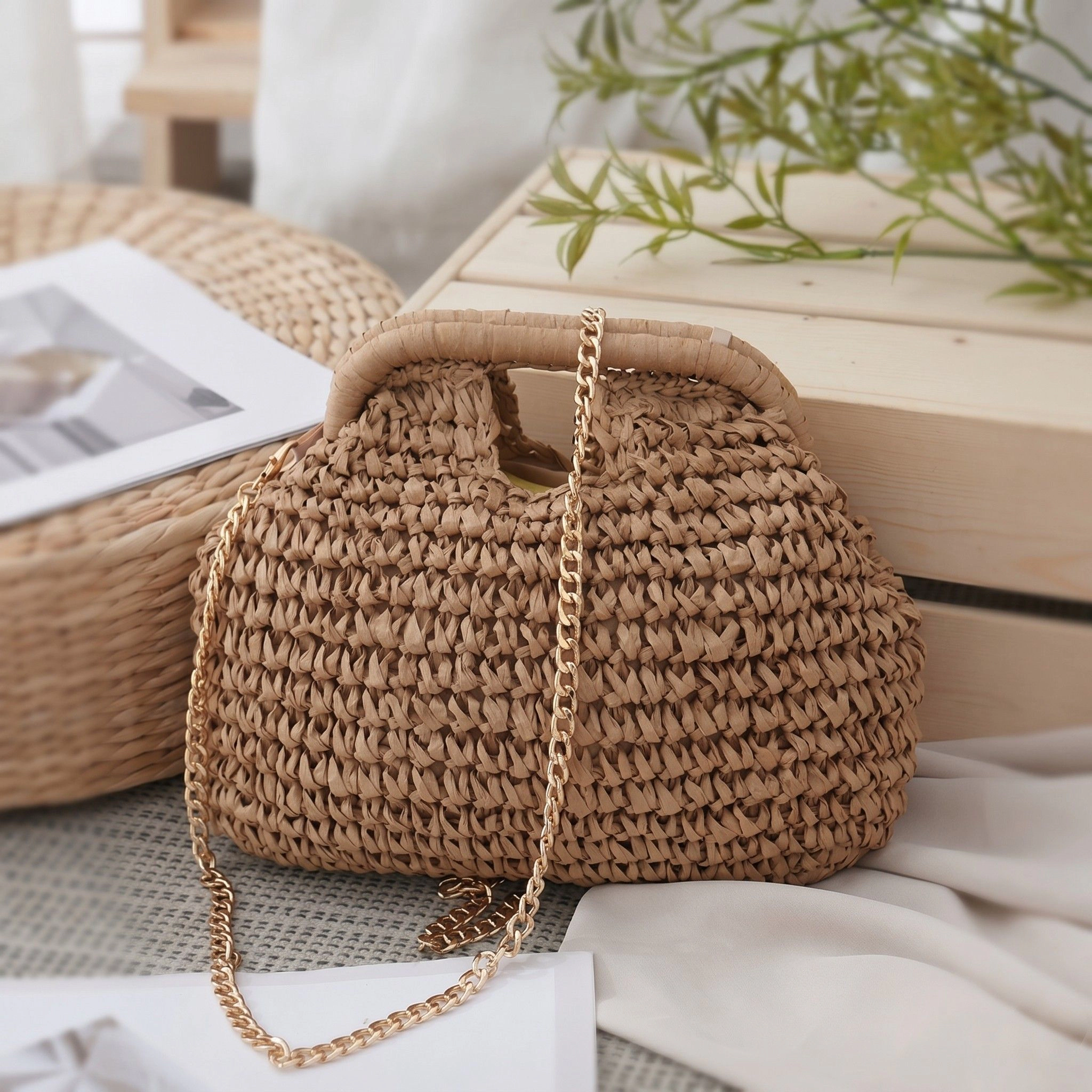Alilang Women's Small Woven Straw Handbag Chain Crossbody Bag with Top Handle and Flap Closure, Beige