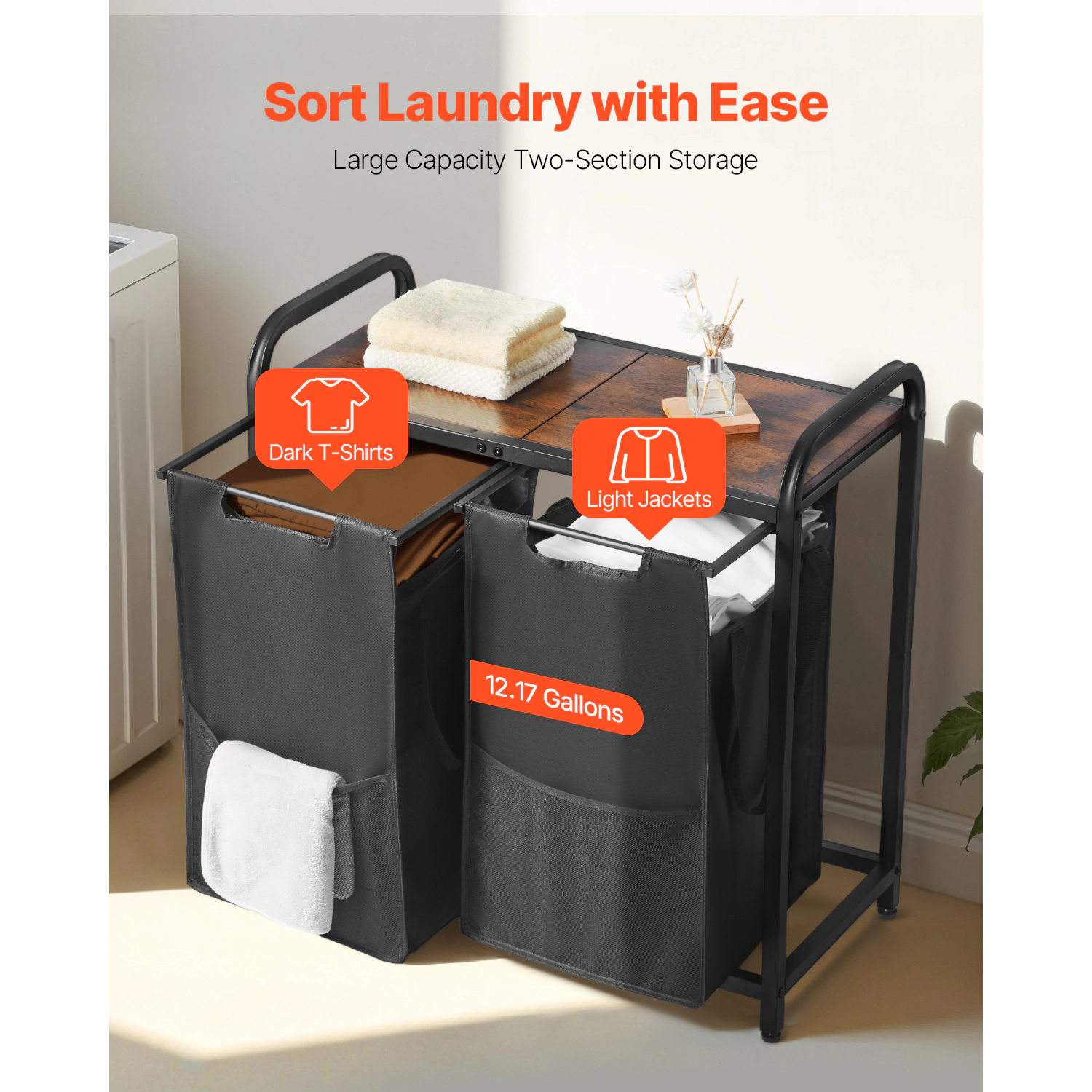HONGGE 2-Section Laundry Sorter Hamper with Wood Tabletop, Metal Frame & Pull-Out 600D Oxford Fabric Bags