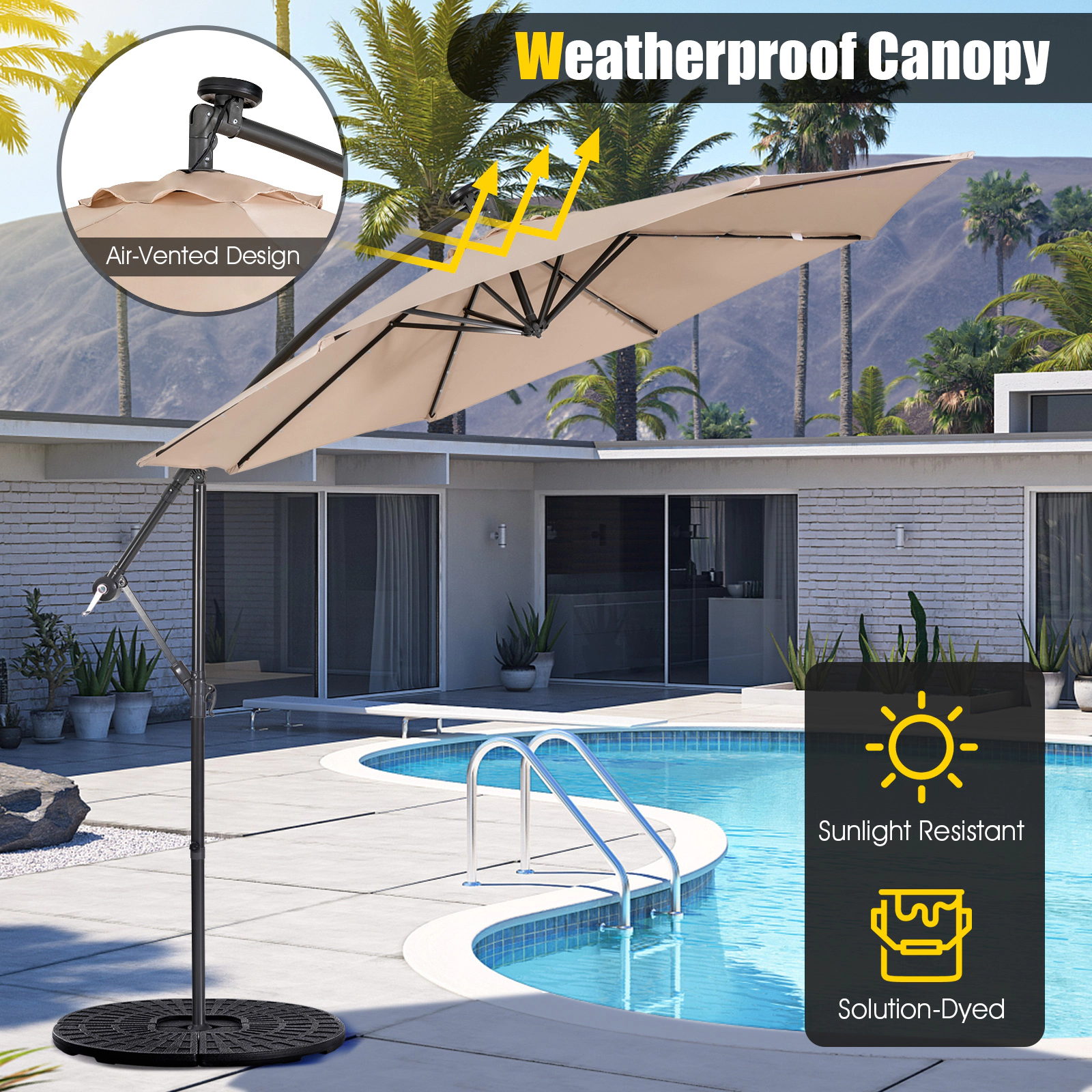 SUGIFT 10-ft Solar Powered Cantilever Patio Umbrella with Crank Tilting System and 39 x 39 x 2 in Crossed Base Beige