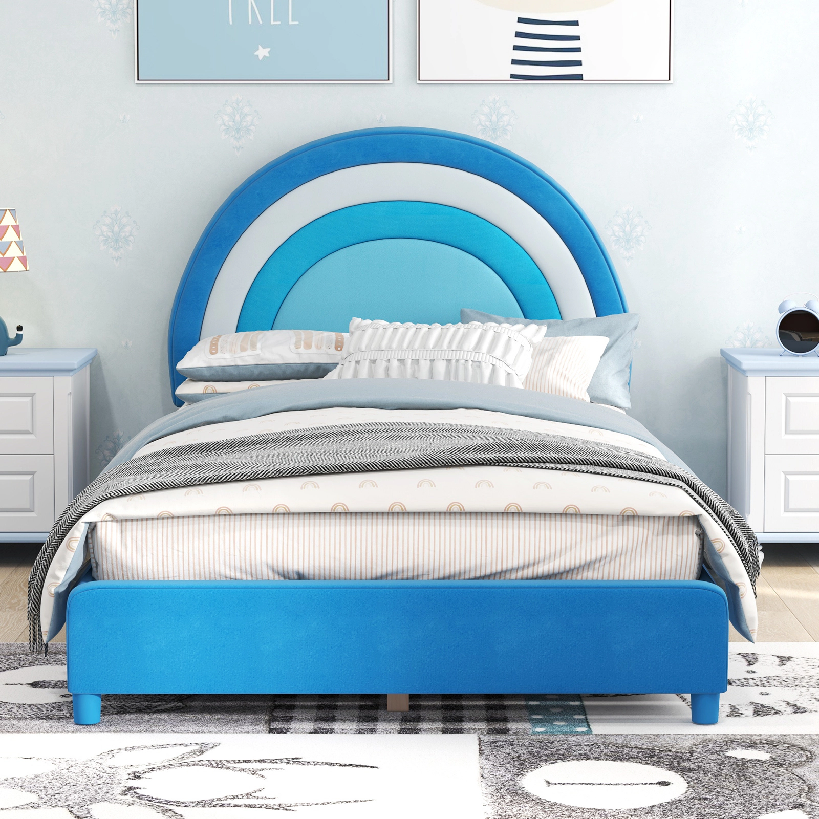 SUGIFT Height-Adjustable Twin Toddler Bed Frame Wooden Slats 660-lb Capacity Ages 3+ Gradient Pink Blue White & Pink