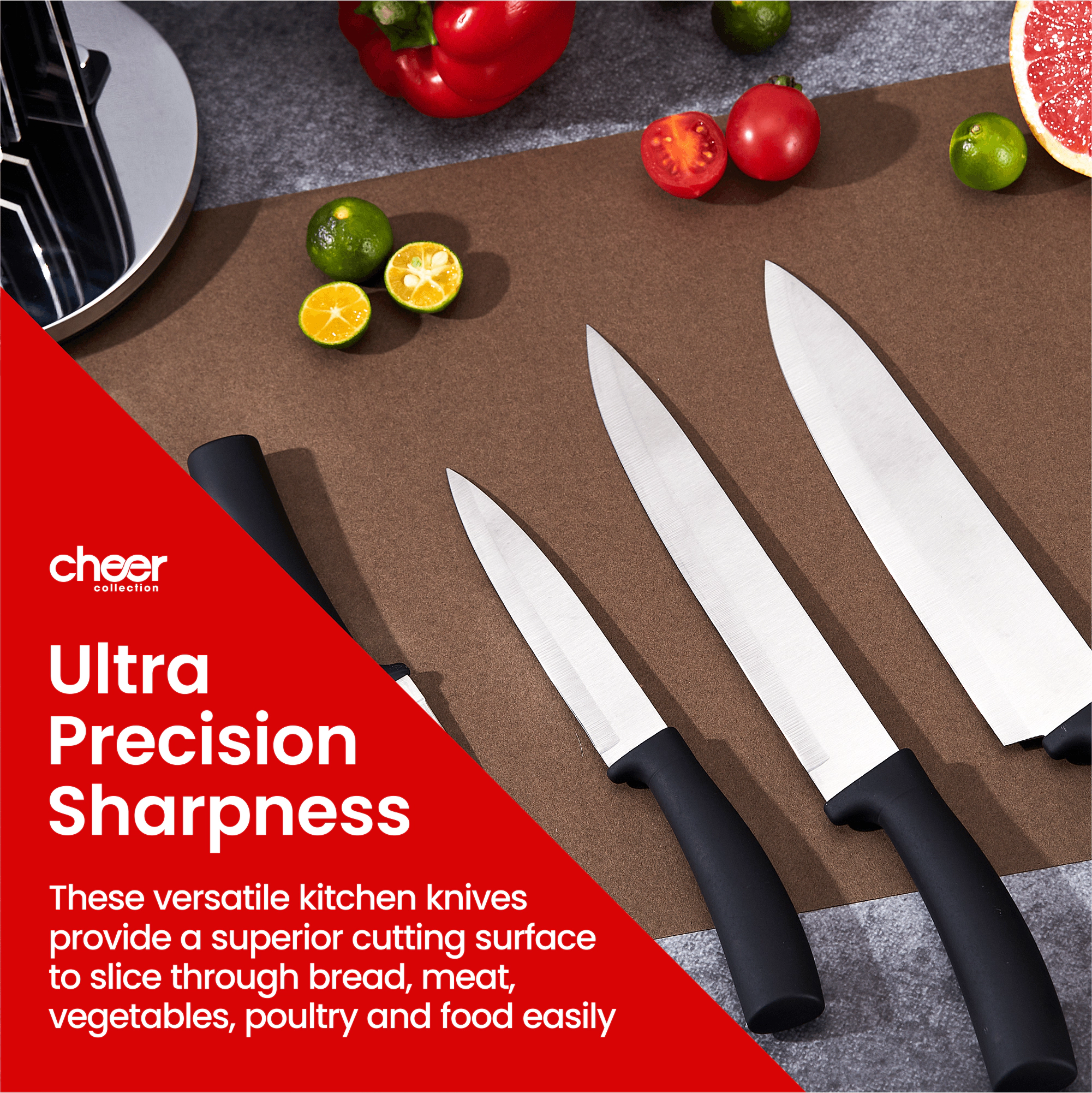 Cheer Collection Chef Knife Set (7 Piece) with Rotating Stand - Sharp Serrated