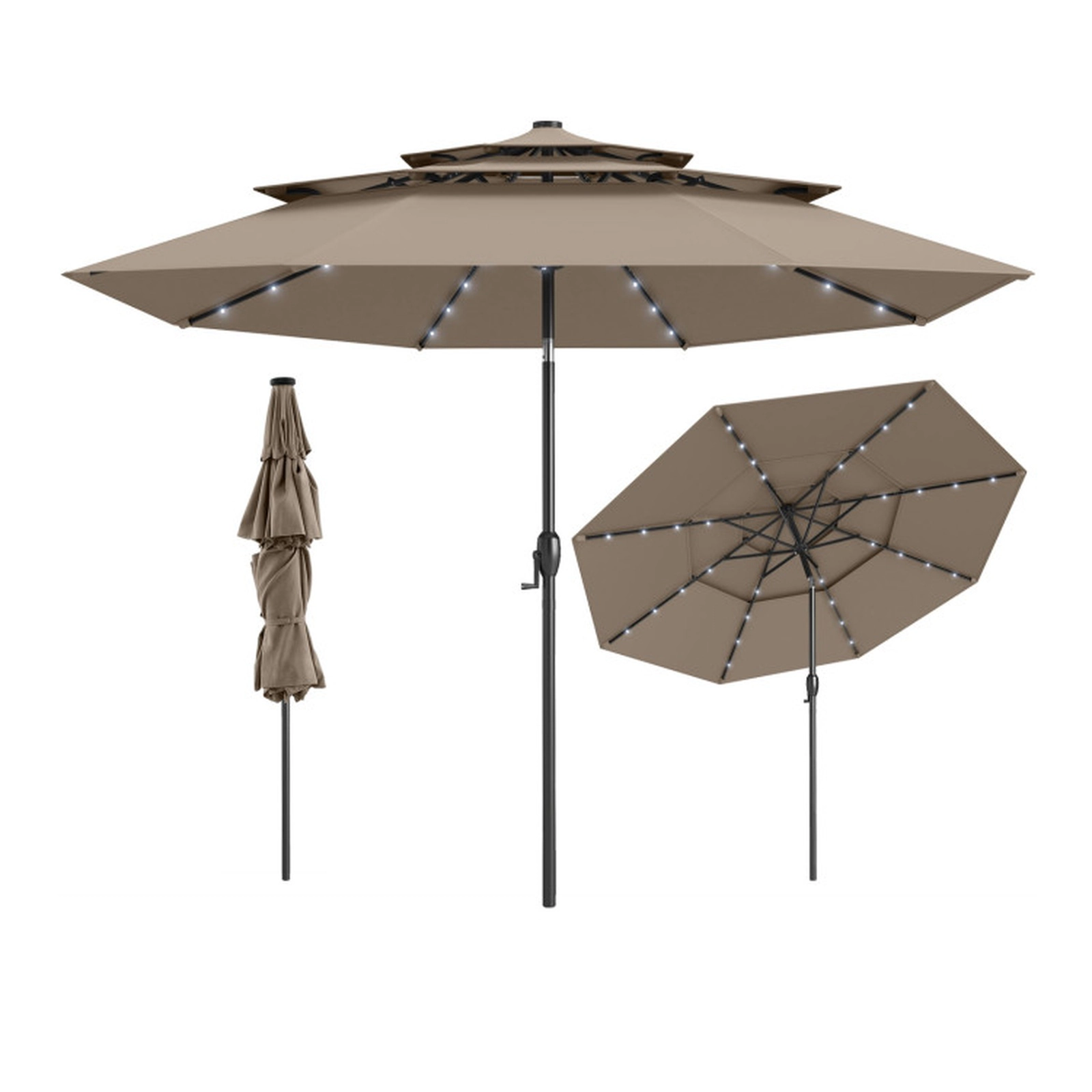 SUGIFT Taupe Solar Patio Market Umbrella with 3-Tier Vented Top and 32 LED Lights 10-ft Dia 8.2-ft H