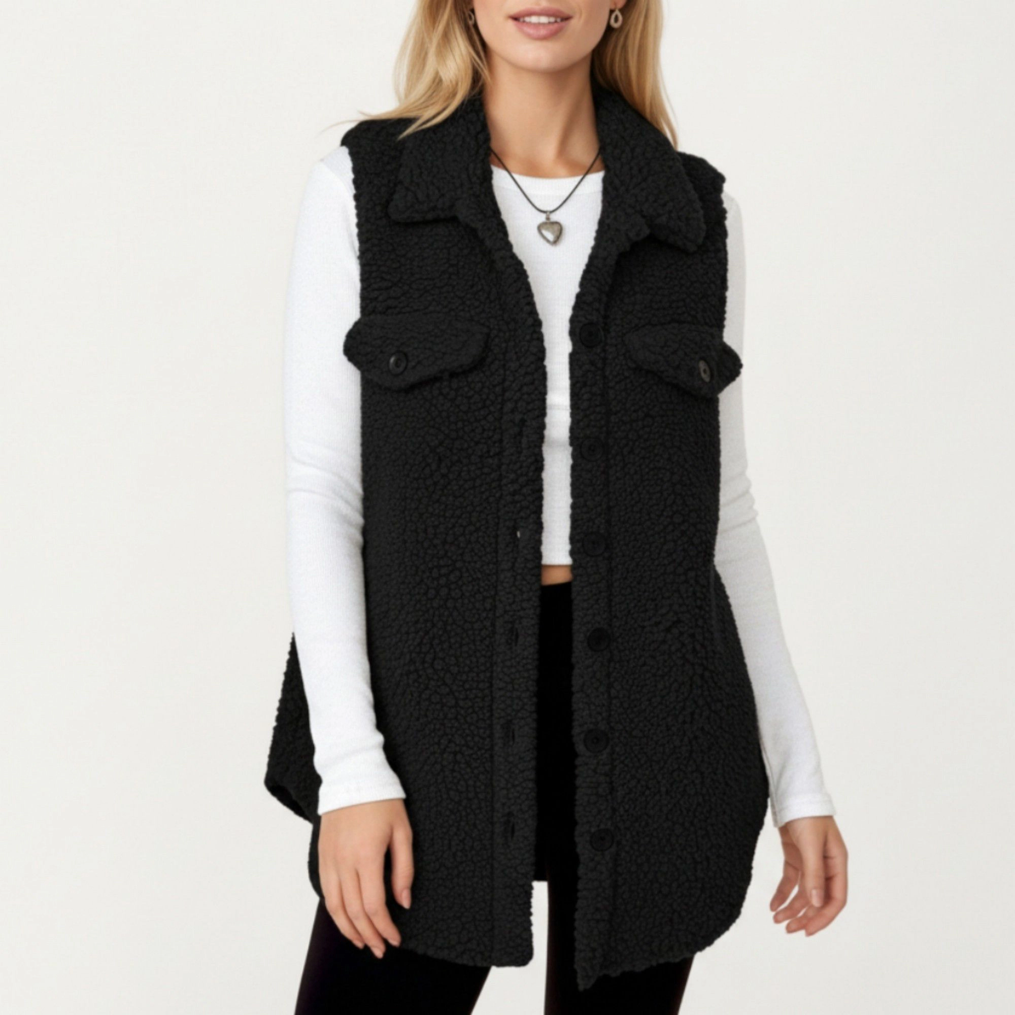 Anna-Kaci Women's Faux Shearling Button Front Vest with Collared Neckline, Chest Flap Pockets, and Longline Fit