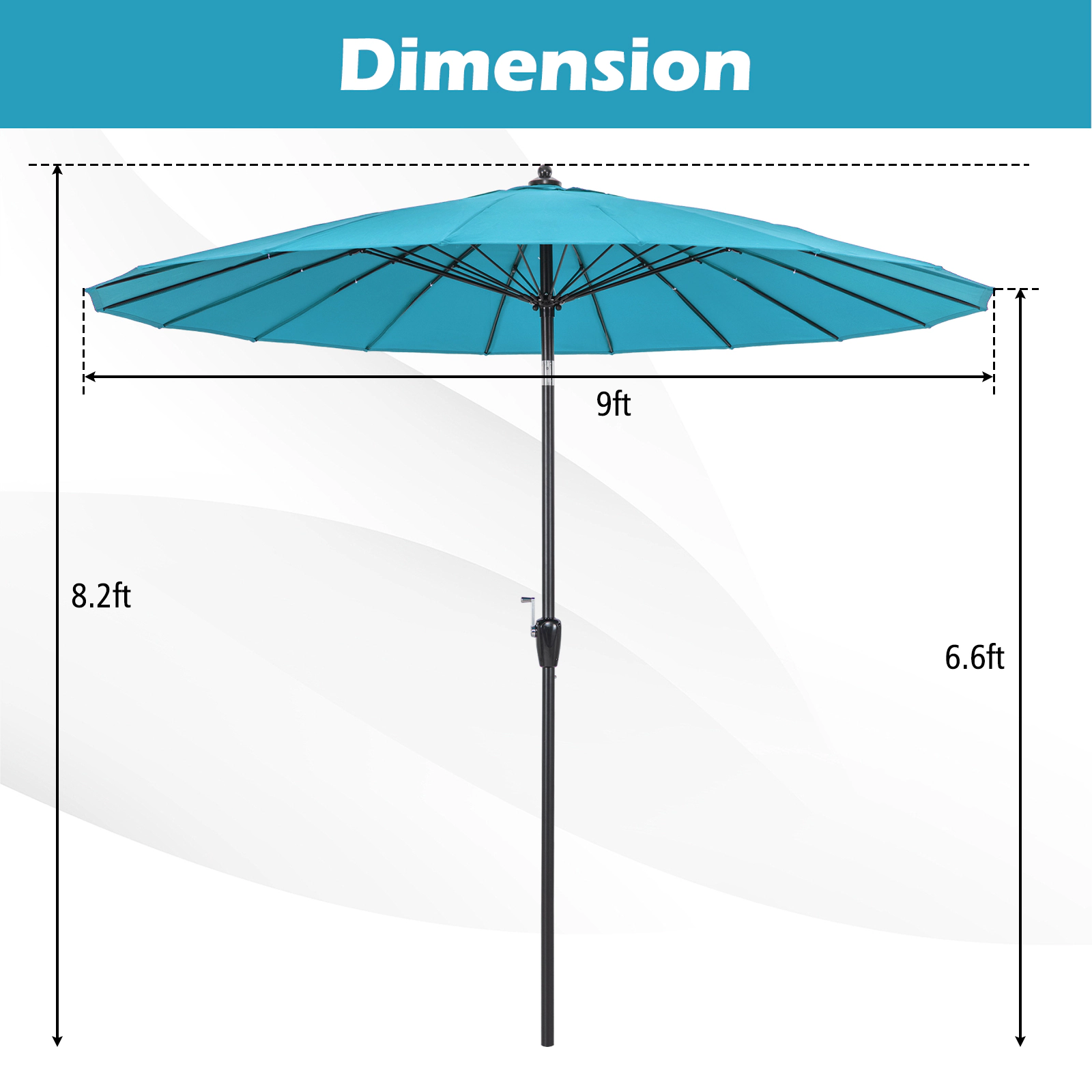 SUGIFT 9-ft Turquoise Round Patio Umbrella, 18 Fiberglass Ribs, Crank Lift, Manual Tilt
