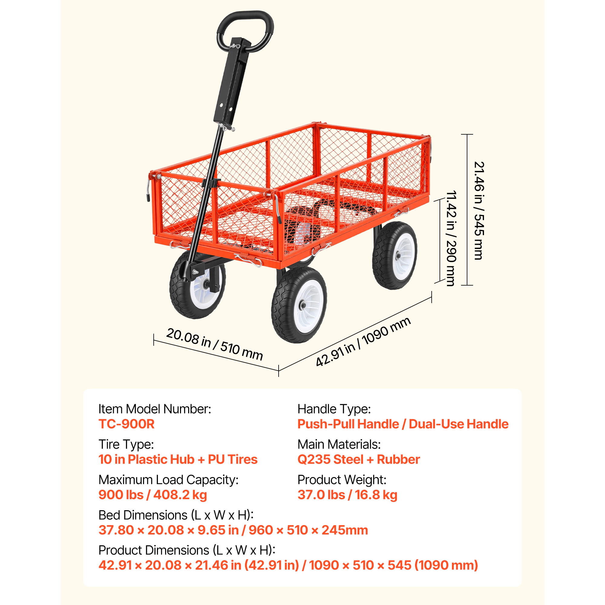 HONGGE Garden Cart 900 LBS Heavy Duty Steel Yard and Garden Utility Wagon with 10-Inch Tires Outdoor Gardening Stool
