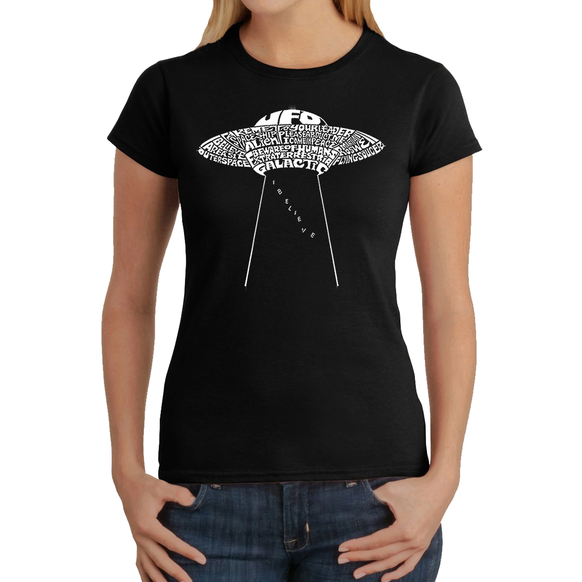 LA Pop Art Women's Word T-Shirt - Flying Saucer UFO
