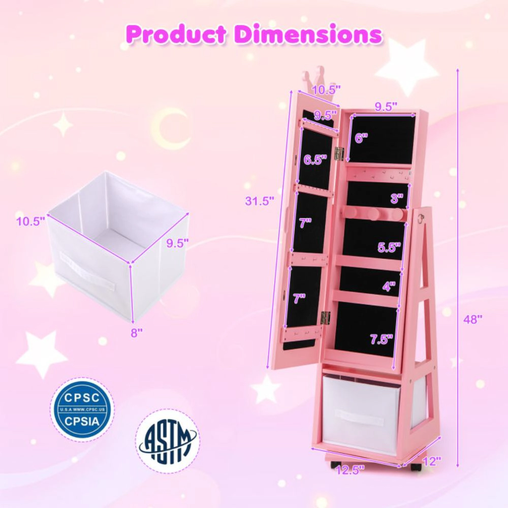 Hivvago Kids Jewelry Armoire Cabinet With Swivel Base And Lockable Universal Wheels-White